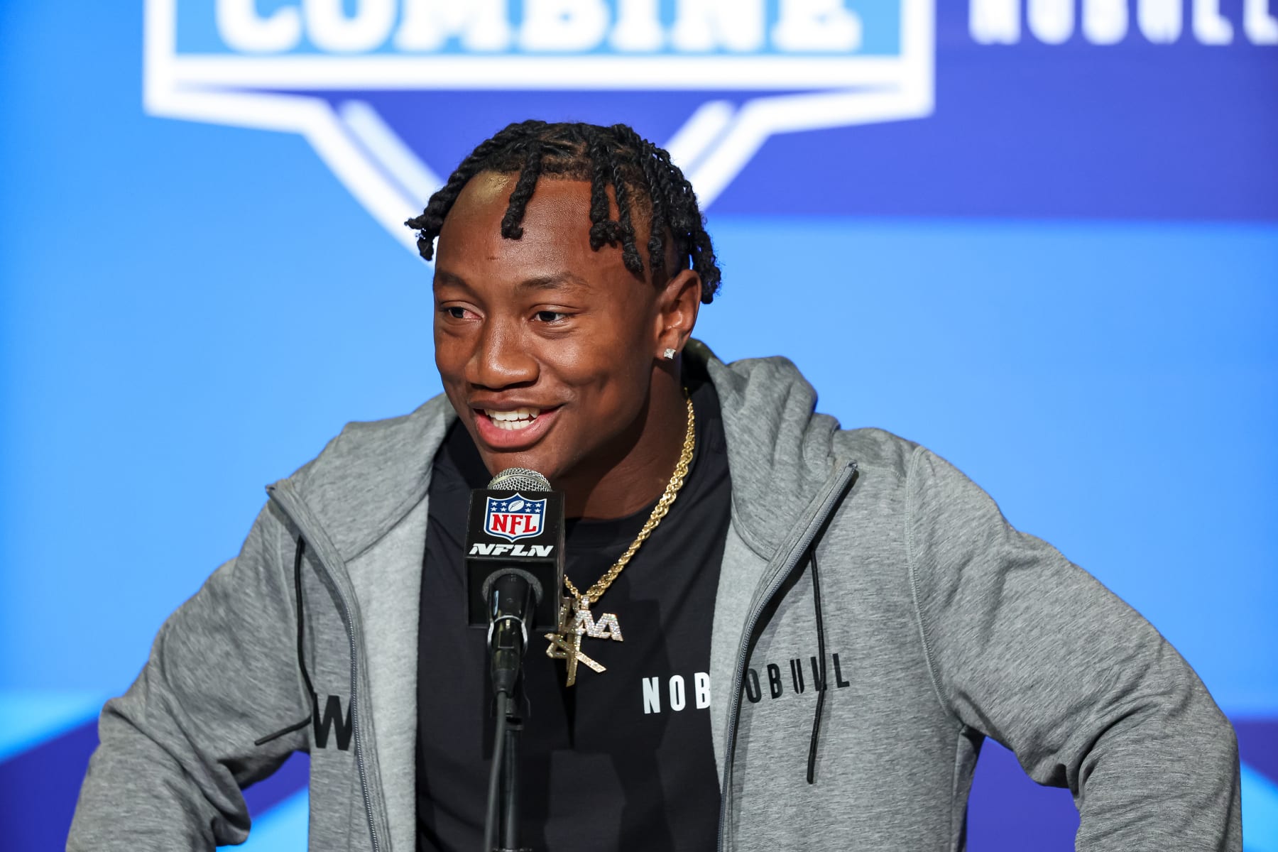 INDIANAPOLIS, IN - MARCH 03: Wide out Zay Flowers of Boston College speaks to the media during the NFL Combine at Lucas Oil Stadium on March 3, 2023 in Indianapolis, Indiana. (Photo by Michael Hickey/Getty Images)