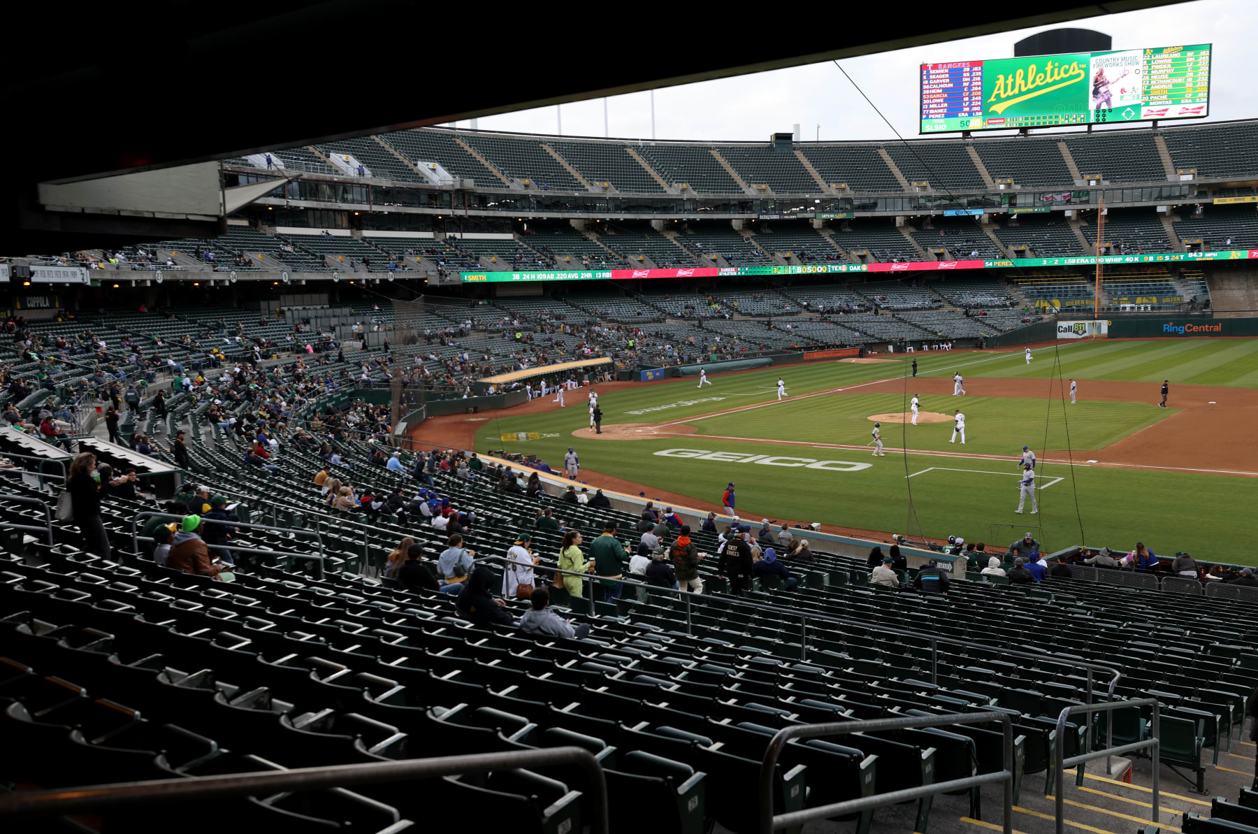OAKLAND, CALIFORNIA - MAY 26: Rows of seats sit empty as the Oakland Athletics play the Texas Rangers at RingCentral Coliseum on May 26, 2022 in Oakland, California. Attendance at Oakland Athletics baseball games have dwindled to historic lows as the team has traded away fan favorite players and continues to explore moving the team to Las Vegas if they can't reach a deal to build a new stadium near the Port of Oakland. The Athletics have the lowest attendance of all 30 Major League Baseball (MLB) as well as the league's lowest single game attendance for a May 2nd game that only drew 2,488 fans. (Photo by Justin Sullivan/Getty Images)