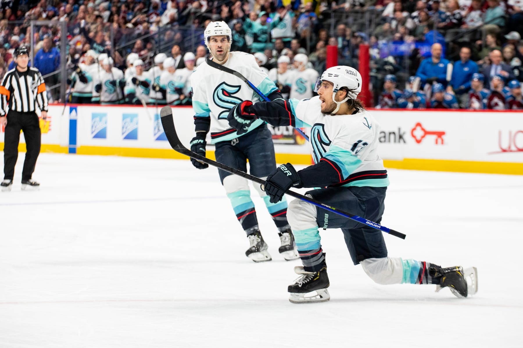DENVER, COLORADO - MARCH 05: Brandon Tanev #13 of the Seattle Kraken celebrates after scoring the game-tying goal in the. thrd period of the game against the Colorado Avalanche at Ball Arena on March 05, 2023 in Denver, Colorado. (Photo by Ashley Potts/NHLI via Getty Images)