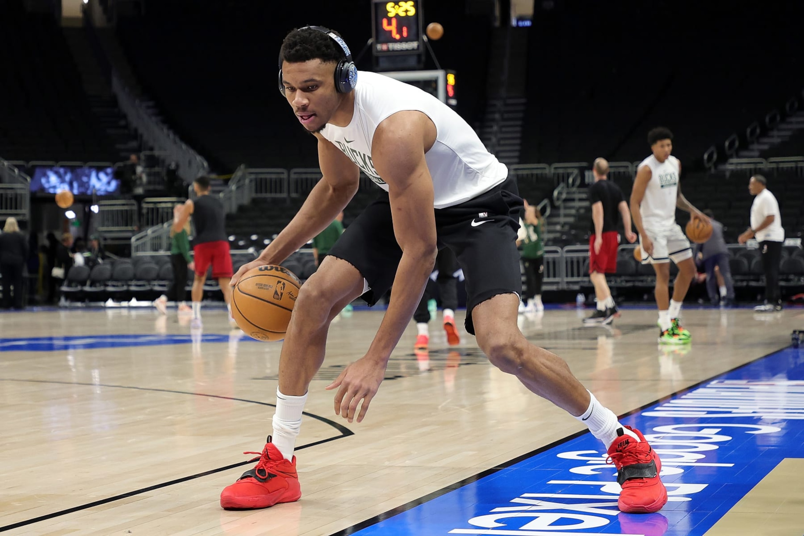 MILWAUKEE, WISCONSIN - APRIL 16: Giannis Antetokounmpo #34 of the Milwaukee Bucks participates in warmups prior to Game One of the Eastern Conference First Round Playoffs between the Milwaukee Bucks and the Miami Heat at Fiserv Forum on April 16, 2023 in Milwaukee, Wisconsin. NOTE TO USER: User expressly acknowledges and agrees that, by downloading and or using this photograph, User is consenting to the terms and conditions of the Getty Images License Agreement. (Photo by Stacy Revere/Getty Images)