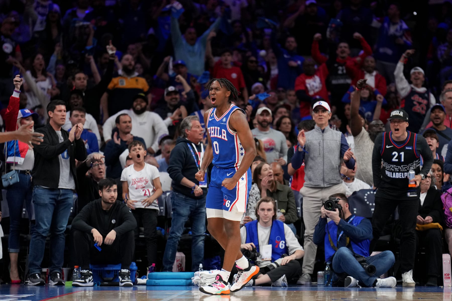 PHILADELPHIA, PA - APRIL 17: Tyrese Maxey #0 of the Philadelphia 76ers celebrates a play during the game against the Brooklyn Nets during Round 1 Game 2 of the 2023 NBA Playoffs on April 17, 2023 at the Wells Fargo Center in Philadelphia, Pennsylvania NOTE TO USER: User expressly acknowledges and agrees that, by downloading and/or using this Photograph, user is consenting to the terms and conditions of the Getty Images License Agreement. Mandatory Copyright Notice: Copyright 2023 NBAE (Photo by Jesse D. Garrabrant/NBAE via Getty Images)