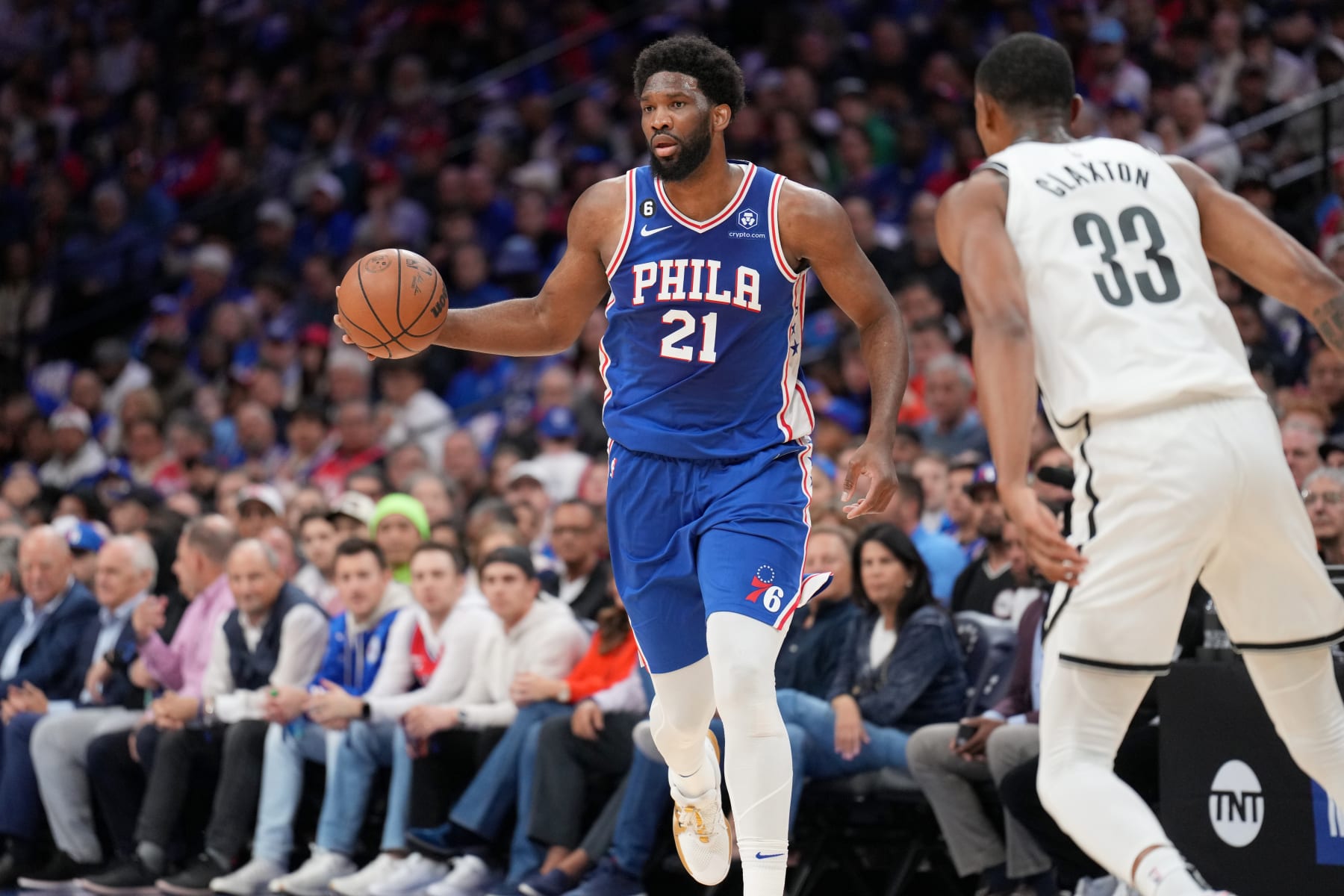 PHILADELPHIA, PA - APRIL 17: Joel Embiid #21 of the Philadelphia 76ers dribbles the ball during the game against the Brooklyn Nets during Round 1 Game 2 of the 2023 NBA Playoffs on April 17, 2023 at the Wells Fargo Center in Philadelphia, Pennsylvania NOTE TO USER: User expressly acknowledges and agrees that, by downloading and/or using this Photograph, user is consenting to the terms and conditions of the Getty Images License Agreement. Mandatory Copyright Notice: Copyright 2023 NBAE (Photo by Jesse D. Garrabrant/NBAE via Getty Images)