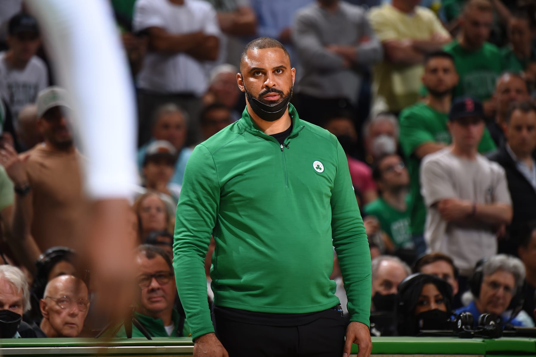 BOSTON, MA - MAY 27: Head Coach Ime Udoka of the Boston Celtics looks on during Game 6 of the 2022 NBA Playoffs Eastern Conference Finals against the Miami Heat on May 27, 2022 at the TD Garden in Boston, Massachusetts.  NOTE TO USER: User expressly acknowledges and agrees that, by downloading and or using this photograph, User is consenting to the terms and conditions of the Getty Images License Agreement. Mandatory Copyright Notice: Copyright 2022 NBAE  (Photo by Brian Babineau/NBAE via Getty Images)