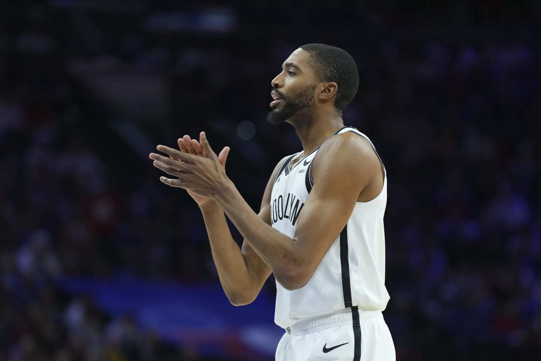 PHILADELPHIA, PA - APRIL 17: Mikal Bridges #1 of the Brooklyn Nets reacts against the Philadelphia 76ers in the first quarter during Game Two of the Eastern Conference First Round Playoffs at the Wells Fargo Center on April 17, 2023 in Philadelphia, Pennsylvania. NOTE TO USER: User expressly acknowledges and agrees that, by downloading and or using this photograph, User is consenting to the terms and conditions of the Getty Images License Agreement. (Photo by Mitchell Leff/Getty Images)