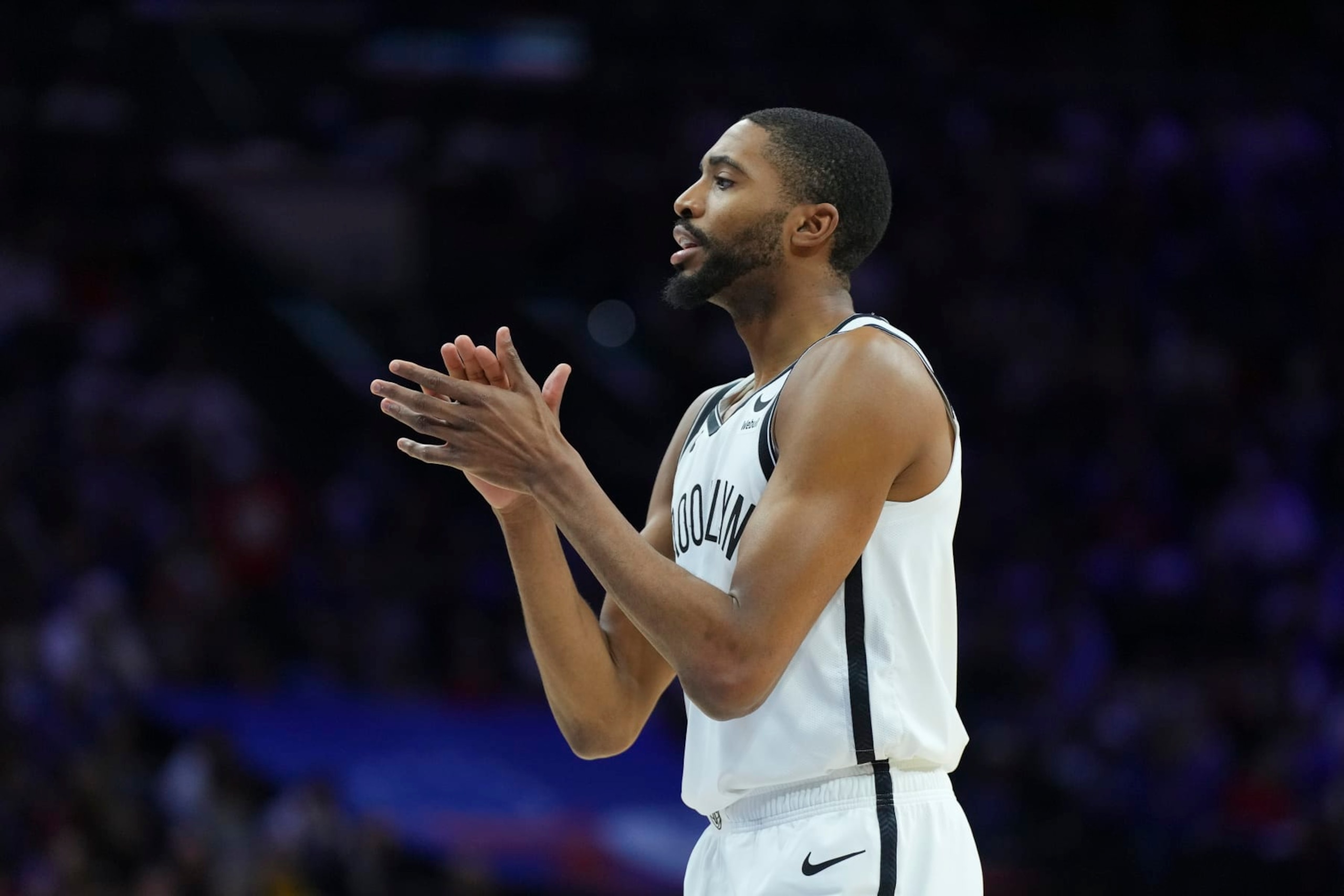 PHILADELPHIA, PA - APRIL 17: Mikal Bridges #1 of the Brooklyn Nets reacts against the Philadelphia 76ers in the first quarter during Game Two of the Eastern Conference First Round Playoffs at the Wells Fargo Center on April 17, 2023 in Philadelphia, Pennsylvania. NOTE TO USER: User expressly acknowledges and agrees that, by downloading and or using this photograph, User is consenting to the terms and conditions of the Getty Images License Agreement. (Photo by Mitchell Leff/Getty Images)