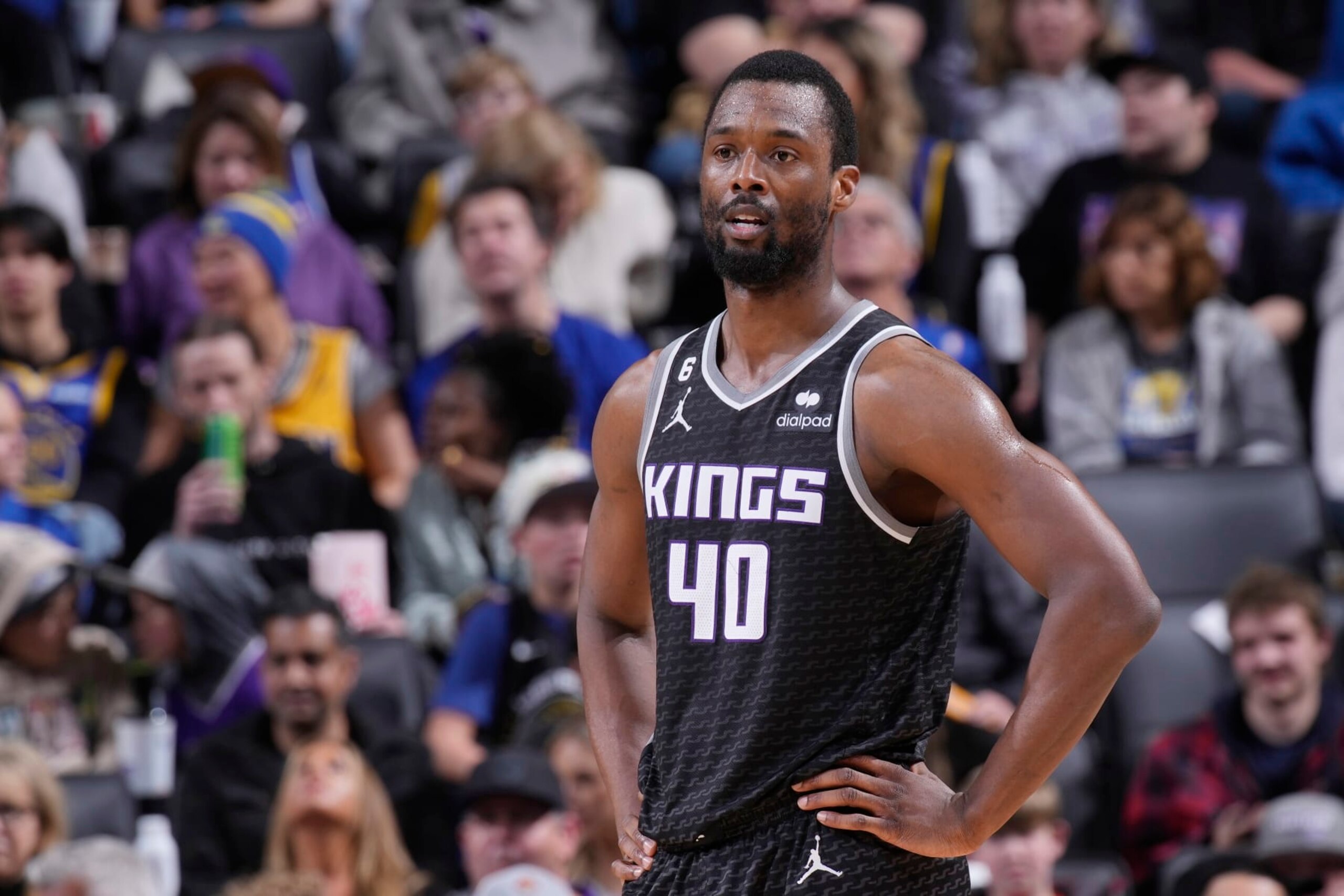 SACRAMENTO, CA - APRIL 7: Harrison Barnes #40 of the Sacramento Kings looks on during the game against the Golden State Warriors on April 7, 2023 at Golden 1 Center in Sacramento, California. NOTE TO USER: User expressly acknowledges and agrees that, by downloading and or using this photograph, User is consenting to the terms and conditions of the Getty Images Agreement. Mandatory Copyright Notice: Copyright 2023 NBAE (Photo by Rocky Widner/NBAE via Getty Images)