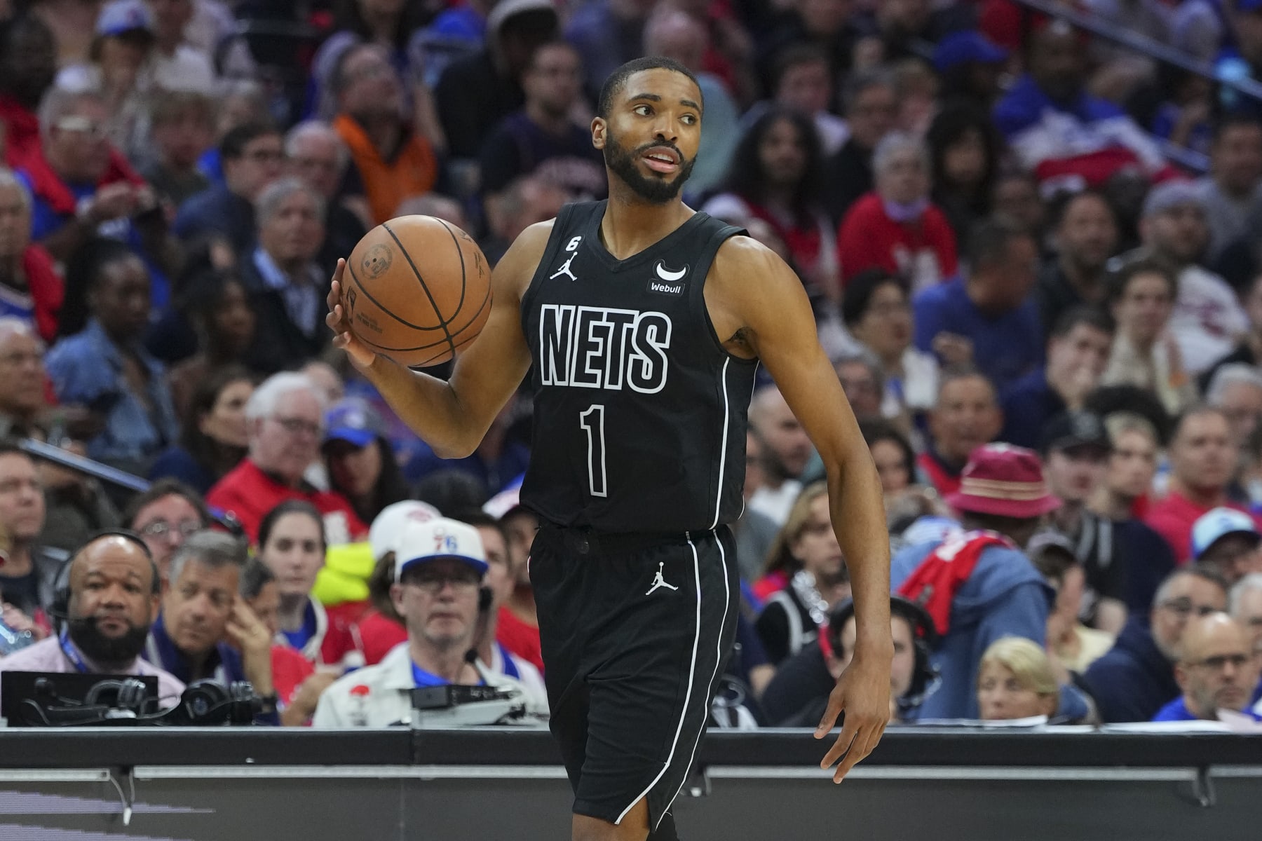 PHILADELPHIA, PA - APRIL 15: Mikal Bridges #1 of the Brooklyn Nets dribbles the ball against the Philadelphia 76ers during Game One of the Eastern Conference First Round Playoffs at the Wells Fargo Center on April 15, 2023 in Philadelphia, Pennsylvania. The 76ers defeated the Nets 121-101. NOTE TO USER: User expressly acknowledges and agrees that, by downloading and or using this photograph, User is consenting to the terms and conditions of the Getty Images License Agreement. (Photo by Mitchell Leff/Getty Images)