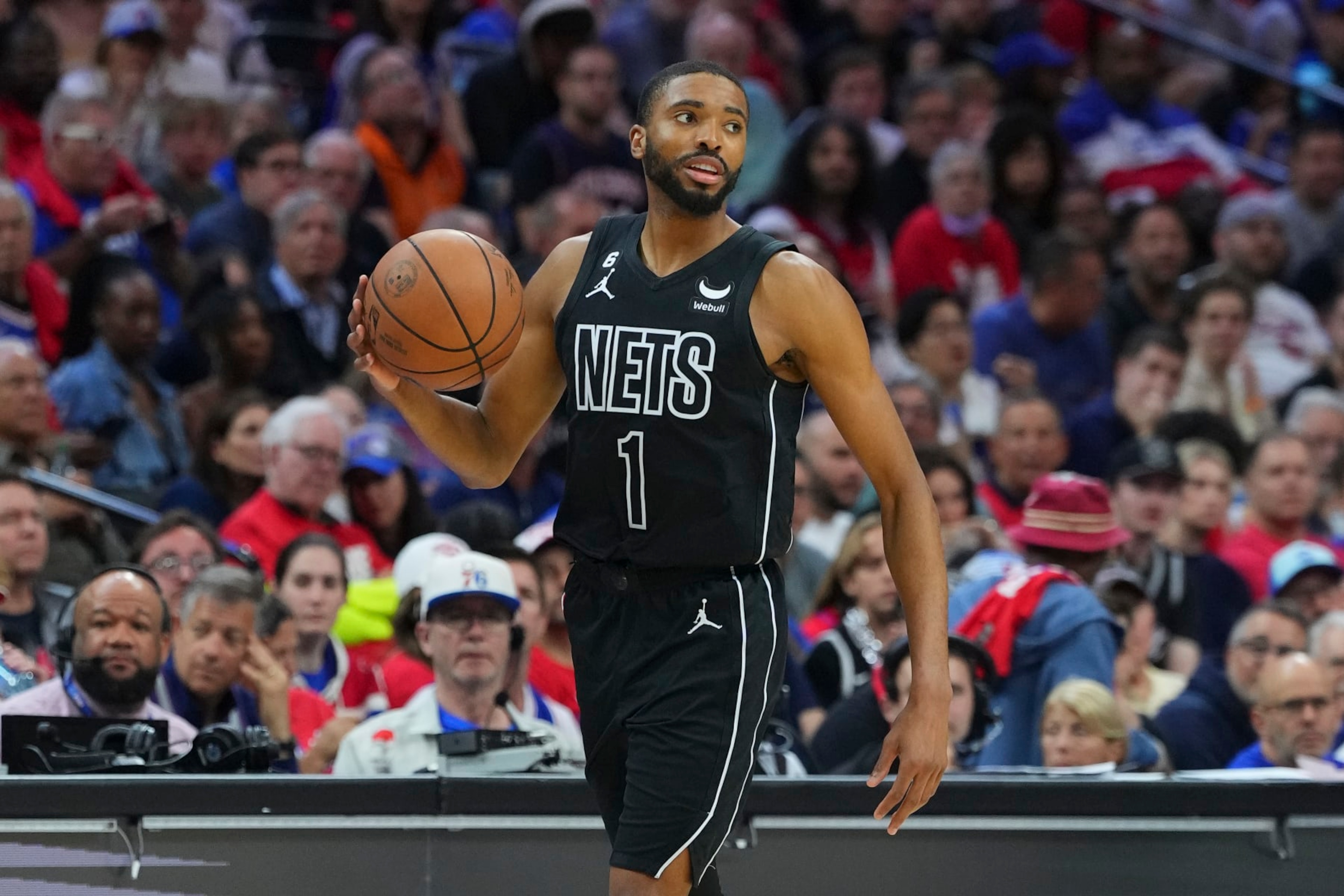 PHILADELPHIA, PA - APRIL 15: Mikal Bridges #1 of the Brooklyn Nets dribbles the ball against the Philadelphia 76ers during Game One of the Eastern Conference First Round Playoffs at the Wells Fargo Center on April 15, 2023 in Philadelphia, Pennsylvania. The 76ers defeated the Nets 121-101. NOTE TO USER: User expressly acknowledges and agrees that, by downloading and or using this photograph, User is consenting to the terms and conditions of the Getty Images License Agreement. (Photo by Mitchell Leff/Getty Images)