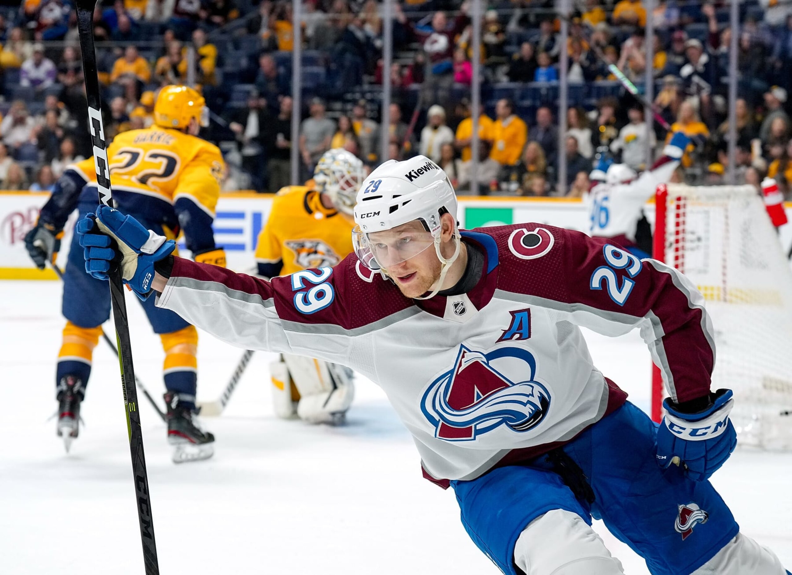 NASHVILLE, TENNESSEE - APRIL 14: Nathan MacKinnon #29 of the Colorado Avalanche celebrates his goal against the Nashville Predators during an NHL game at Bridgestone Arena on April 14, 2023 in Nashville, Tennessee. (Photo by John Russell/NHLI via Getty Images)