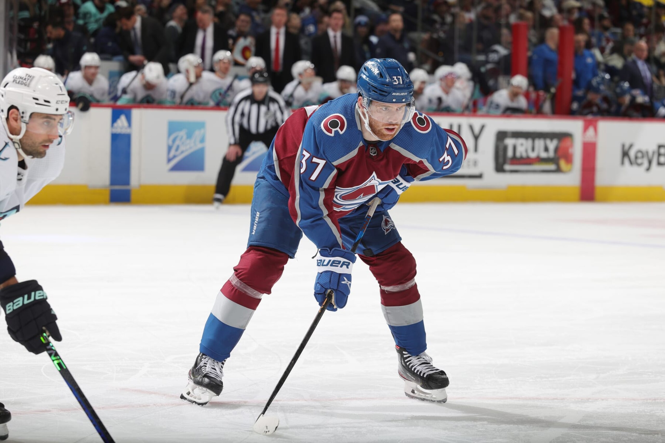 DENVER, COLORADO - MARCH 05: J.T. Compher #37 of the Colorado Avalanche awaits a face off against the Seattle Kraken at Ball Arena on March 5, 2023 in Denver, Colorado. (Photo by Michael Martin/NHLI via Getty Images)