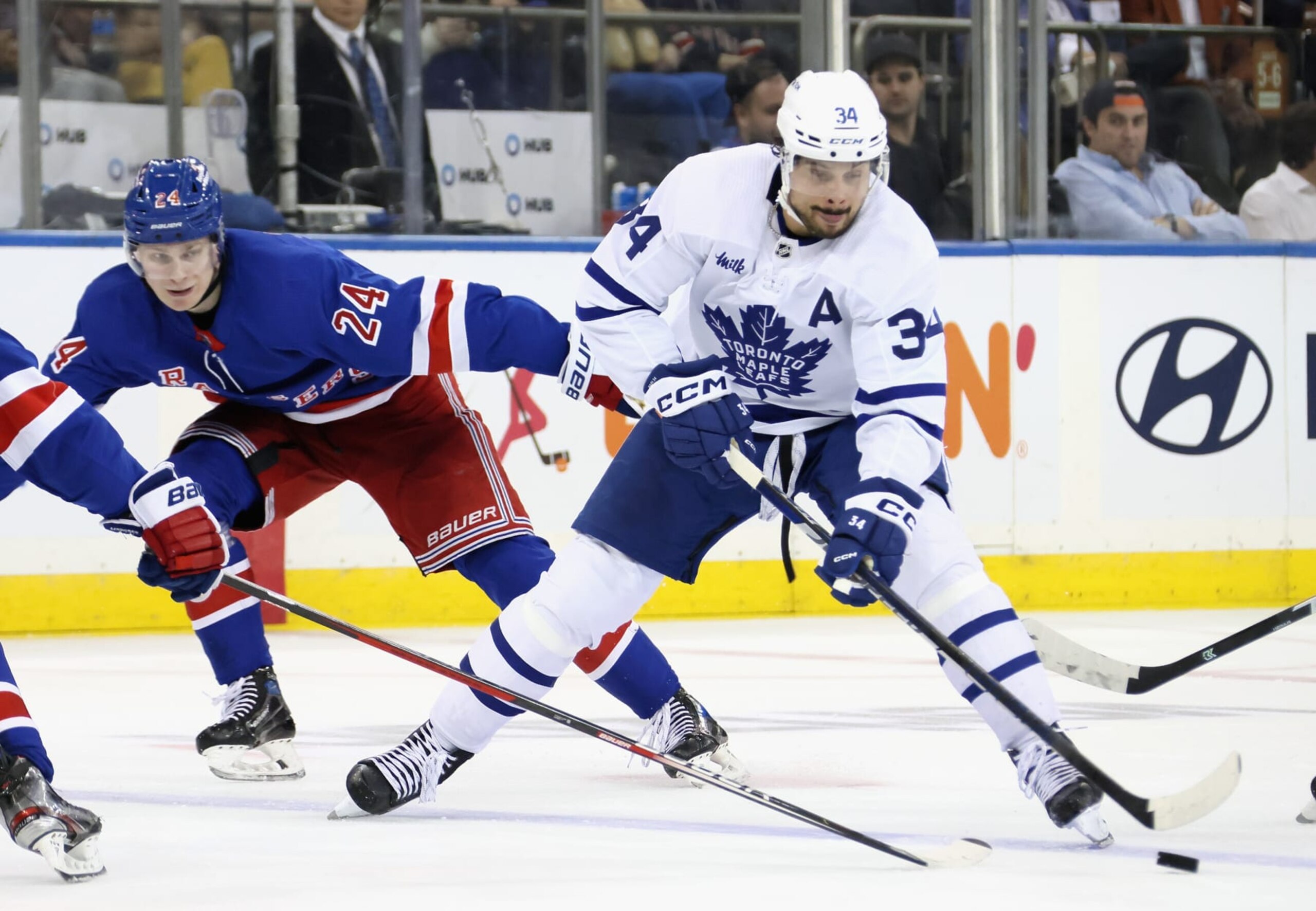 NEW YORK, NEW YORK - APRIL 13: Auston Matthews #34 of the Toronto Maple Leafs skates against the New York Rangers at Madison Square Garden on April 13, 2023 in New York City. (Photo by Bruce Bennett/Getty Images)
