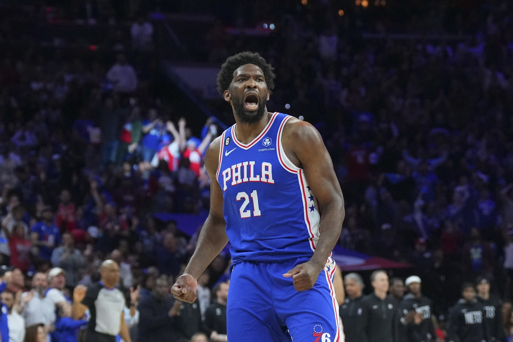 PHILADELPHIA, PA - APRIL 17: Joel Embiid #21 of the Philadelphia 76ers reacts against the Brooklyn Nets during Game Two of the Eastern Conference First Round Playoffs at the Wells Fargo Center on April 17, 2023 in Philadelphia, Pennsylvania. NOTE TO USER: User expressly acknowledges and agrees that, by downloading and or using this photograph, User is consenting to the terms and conditions of the Getty Images License Agreement. (Photo by Mitchell Leff/Getty Images)