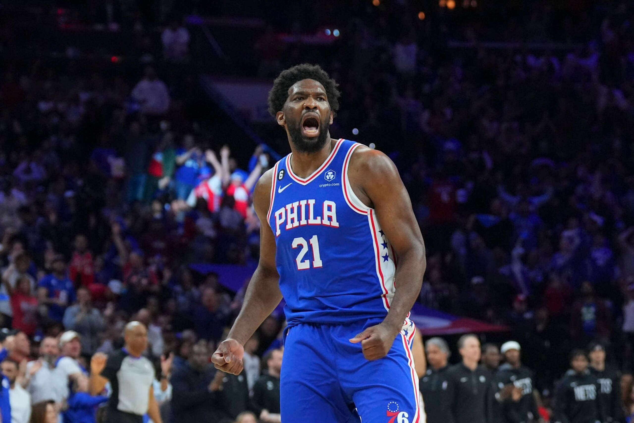PHILADELPHIA, PA - APRIL 17: Joel Embiid #21 of the Philadelphia 76ers reacts against the Brooklyn Nets during Game Two of the Eastern Conference First Round Playoffs at the Wells Fargo Center on April 17, 2023 in Philadelphia, Pennsylvania. NOTE TO USER: User expressly acknowledges and agrees that, by downloading and or using this photograph, User is consenting to the terms and conditions of the Getty Images License Agreement. (Photo by Mitchell Leff/Getty Images) PHILADELPHIA, PA - APRIL 17: Joel Embiid #21 of the Philadelphia 76ers reacts against the Brooklyn Nets during Game Two of the Eastern Conference First Round Playoffs at the Wells Fargo Center on April 17, 2023 in Philadelphia, Pennsylvania. NOTE TO USER: User expressly acknowledges and agrees that, by downloading and or using this photograph, User is consenting to the terms and conditions of the Getty Images License Agreement. (Photo by Mitchell Leff/Getty Images)