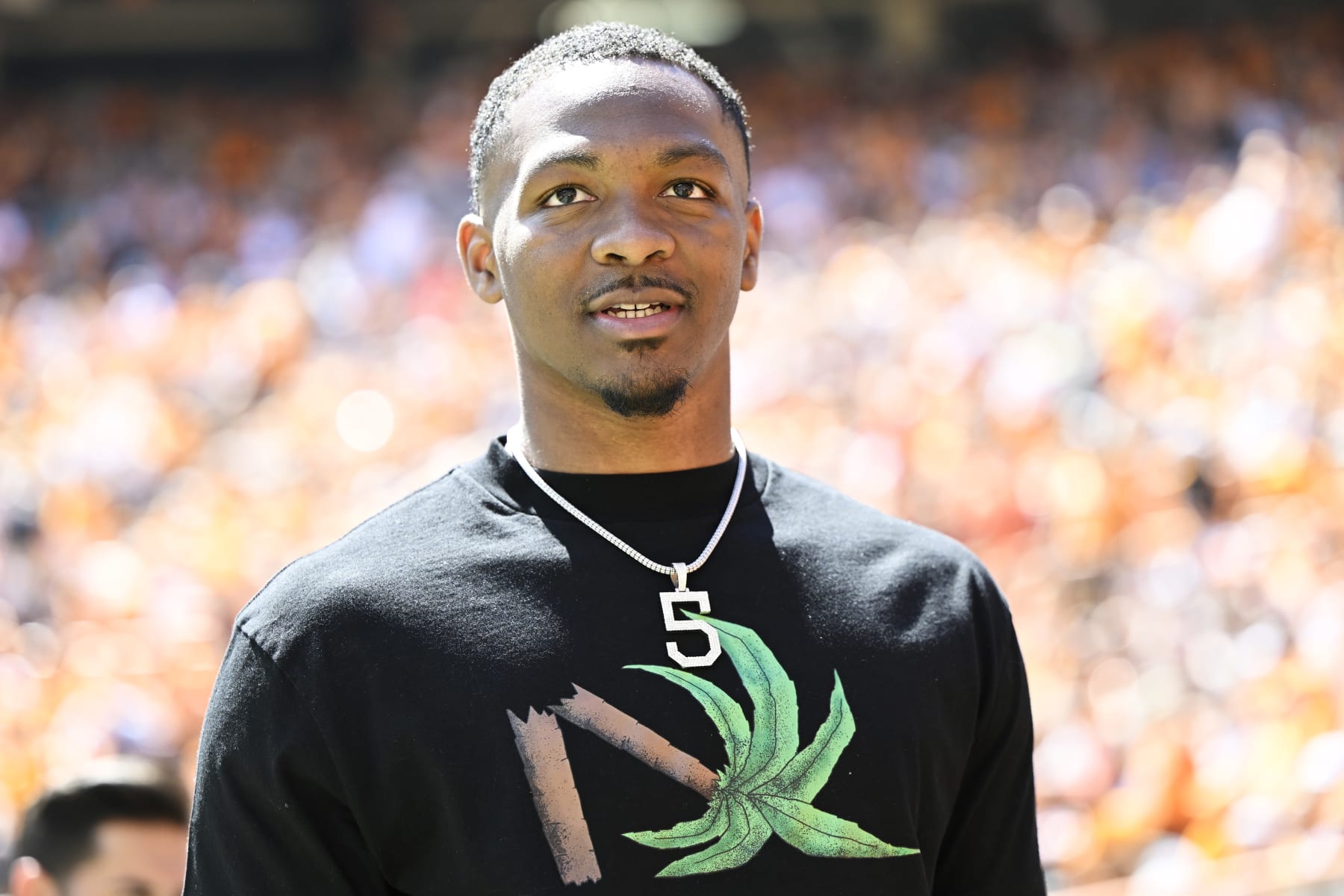 KNOXVILLE, TENNESSEE - APRIL 15: Hendon Hooker stands on the sidelines before the Tennessee Volunteers spring football game at Neyland Stadium on April 15, 2023 in Knoxville, Tennessee. (Photo by Eakin Howard/Getty Images)
