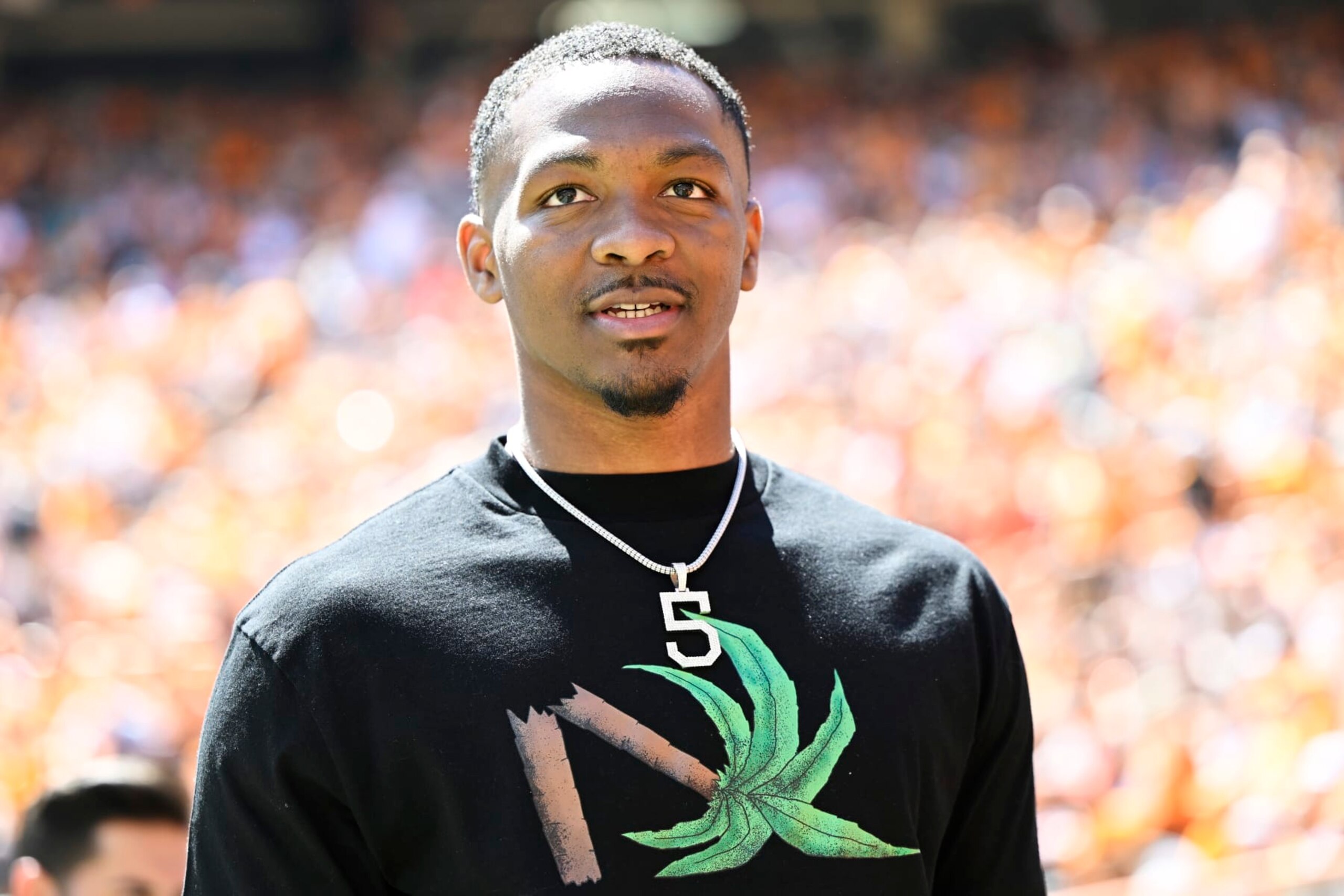 KNOXVILLE, TENNESSEE - APRIL 15: Hendon Hooker stands on the sidelines before the Tennessee Volunteers spring football game at Neyland Stadium on April 15, 2023 in Knoxville, Tennessee. (Photo by Eakin Howard/Getty Images)