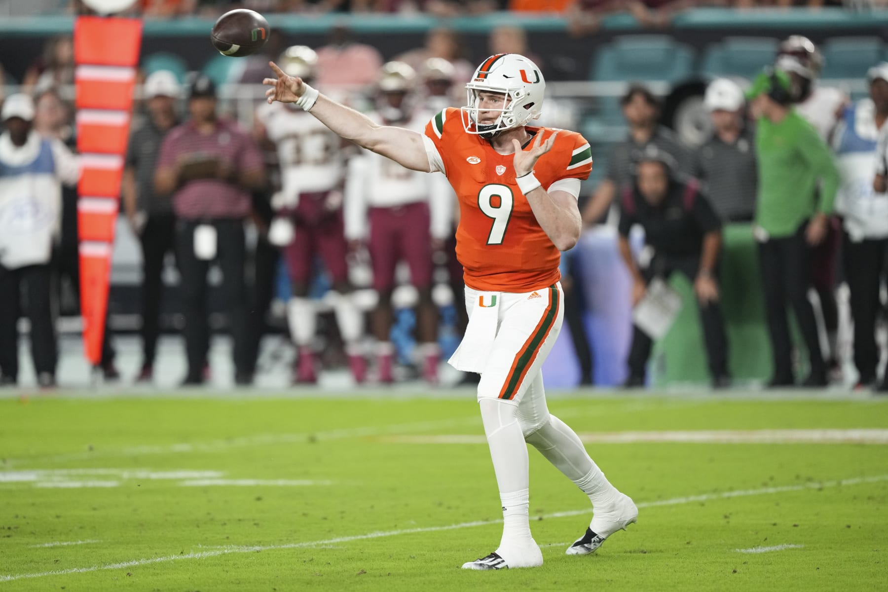 MIAMI GARDENS, FL - NOVEMBER 05: Tyler Van Dyke #9 of the Miami Hurricanes throws a pass during the first quarter against the Florida State Seminoles at Hard Rock Stadium on November 5, 2022 in Miami Gardens, Florida. (Photo by Eric Espada/Getty Images)
