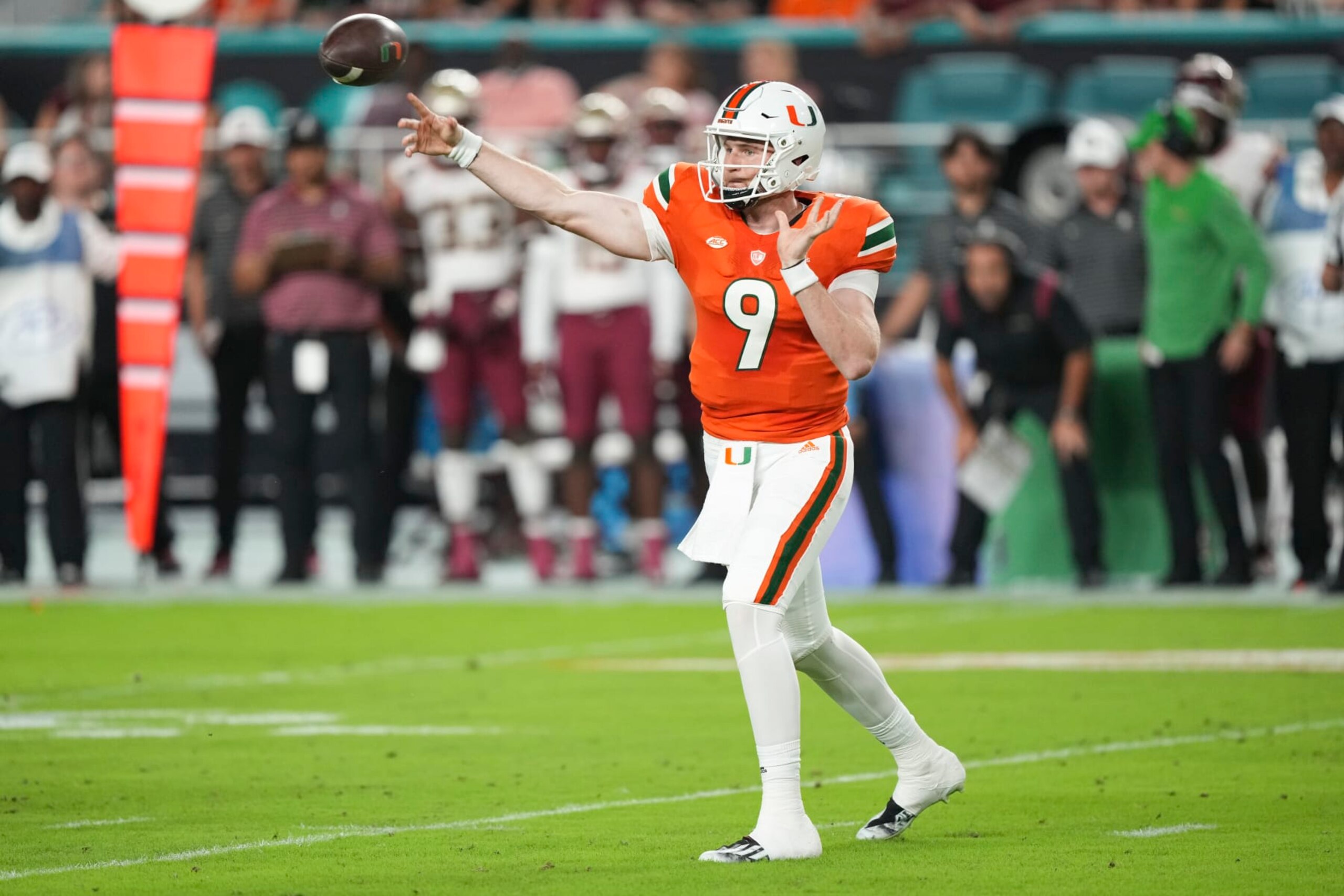 MIAMI GARDENS, FL - NOVEMBER 05: Tyler Van Dyke #9 of the Miami Hurricanes throws a pass during the first quarter against the Florida State Seminoles at Hard Rock Stadium on November 5, 2022 in Miami Gardens, Florida. (Photo by Eric Espada/Getty Images)