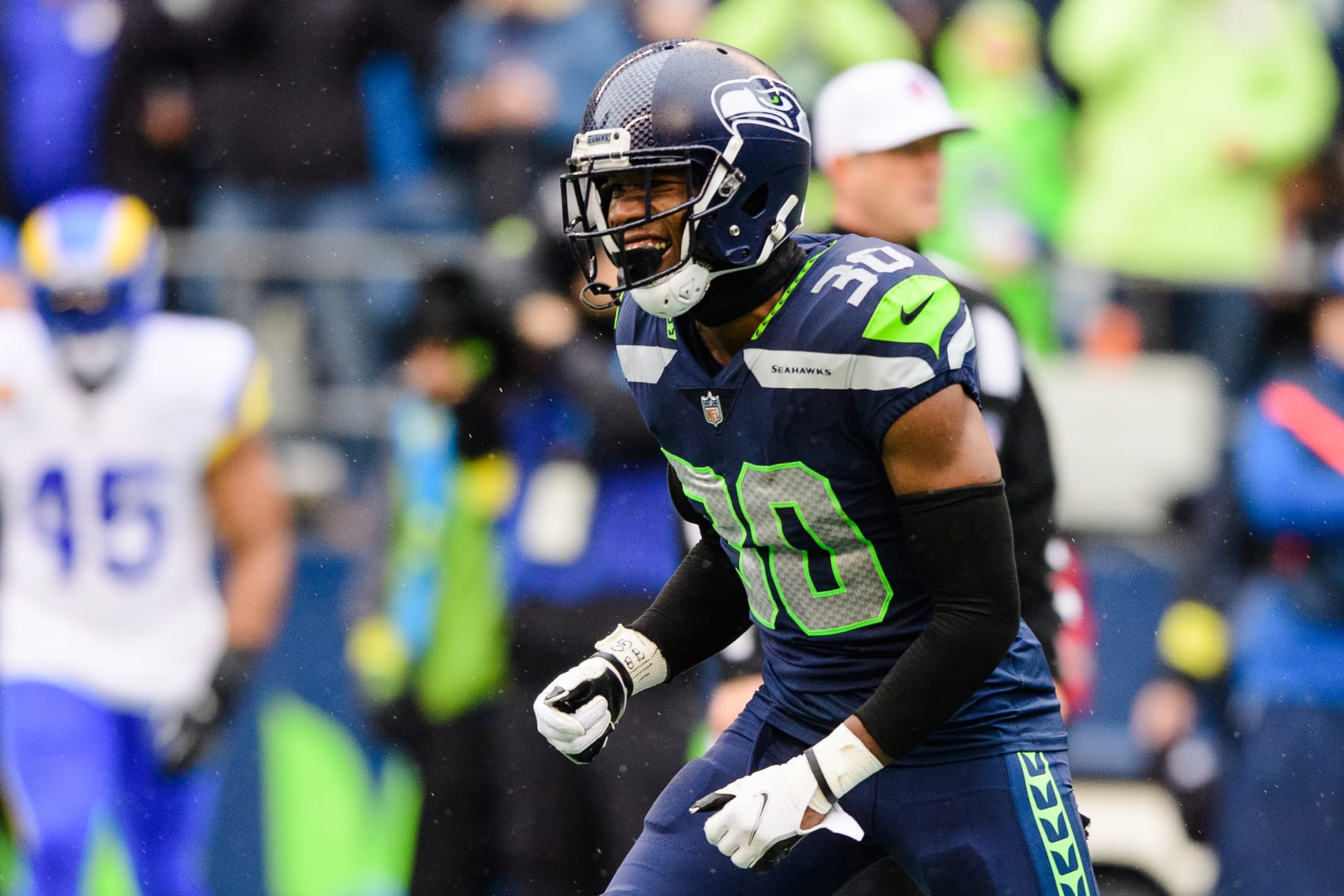 SEATTLE, WASHINGTON - JANUARY 08: Mike Jackson #30 of the Seattle Seahawks during the first quarter of the game against the Los Angeles Rams at Lumen Field on January 08, 2023 in Seattle, Washington. (Photo by Jane Gershovich/Getty Images)