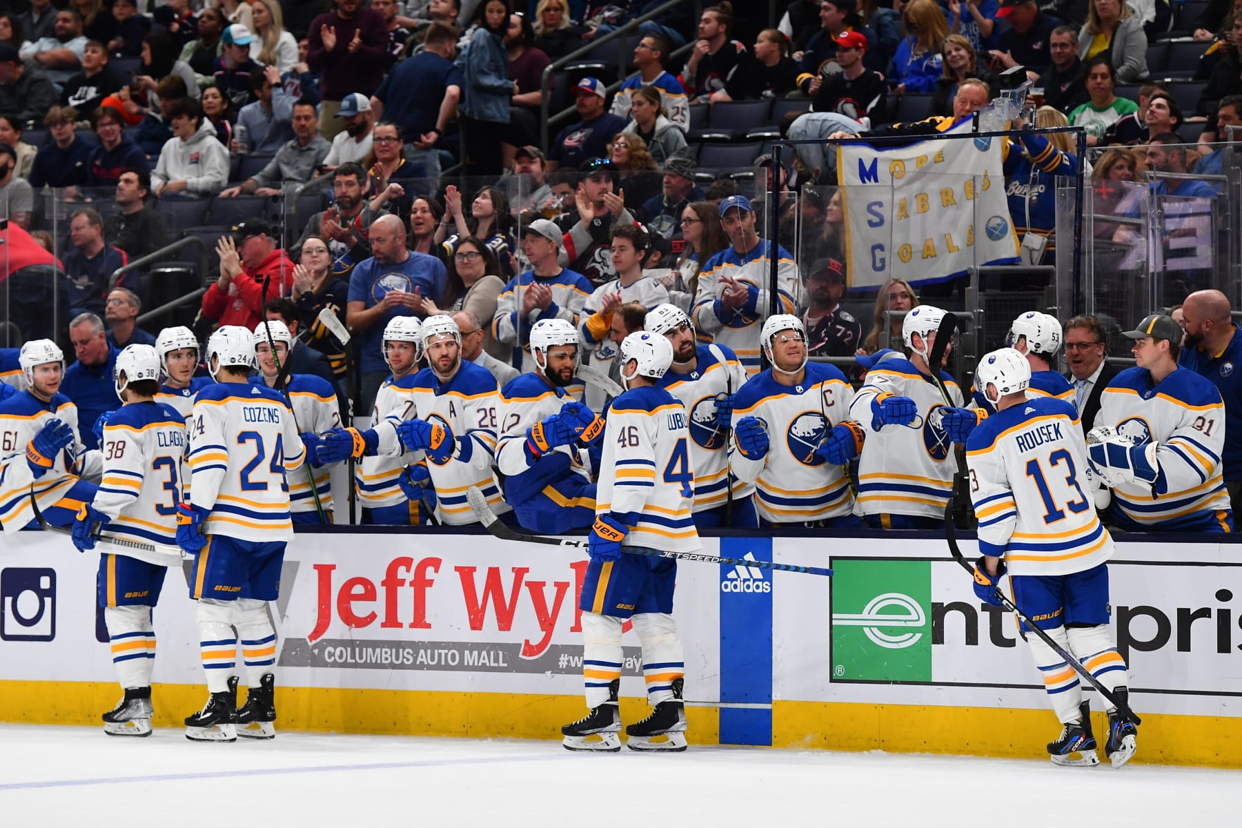 COLUMBUS, OHIO - APRIL 14: The Buffalo Sabres celebrate a second period goal during a game against the Columbus Blue Jackets at Nationwide Arena on April 14, 2023 in Columbus, Ohio. (Photo by Ben Jackson/NHLI via Getty Images)