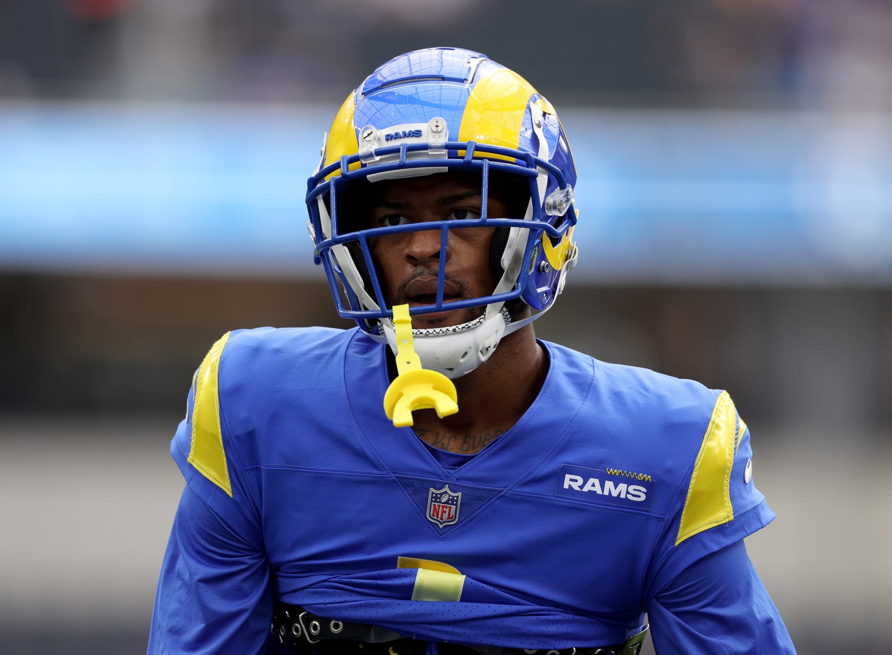 INGLEWOOD, CALIFORNIA - OCTOBER 16: Allen Robinson II #1 of the Los Angeles Rams during warm up before the game against the Carolina Panthers at SoFi Stadium on October 16, 2022 in Inglewood, California. (Photo by Harry How/Getty Images)