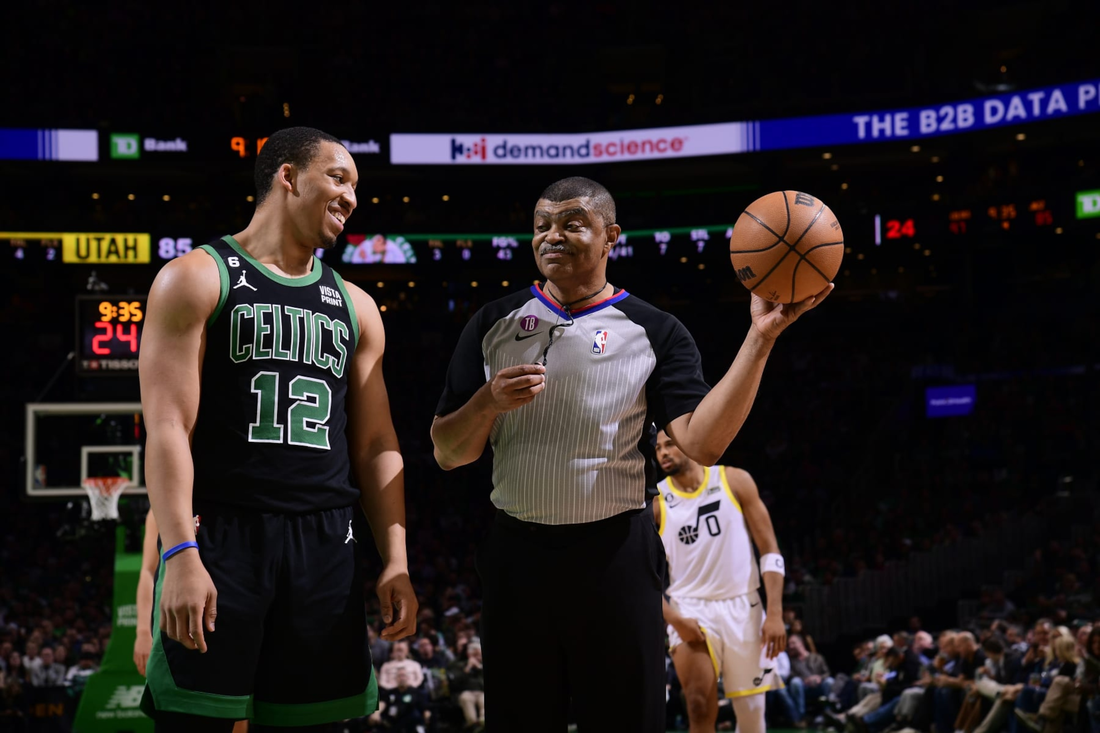 BOSTON, MA - MARCH 31: NBA referee Tony Brothers #25 talks with Grant Williams #12 of the Boston Celtics during the game on March 31, 2023 at the TD Garden in Boston, Massachusetts. NOTE TO USER: User expressly acknowledges and agrees that, by downloading and or using this photograph, User is consenting to the terms and conditions of the Getty Images License Agreement. Mandatory Copyright Notice: Copyright 2023 NBAE  (Photo by Brian Babineau/NBAE via Getty Images)