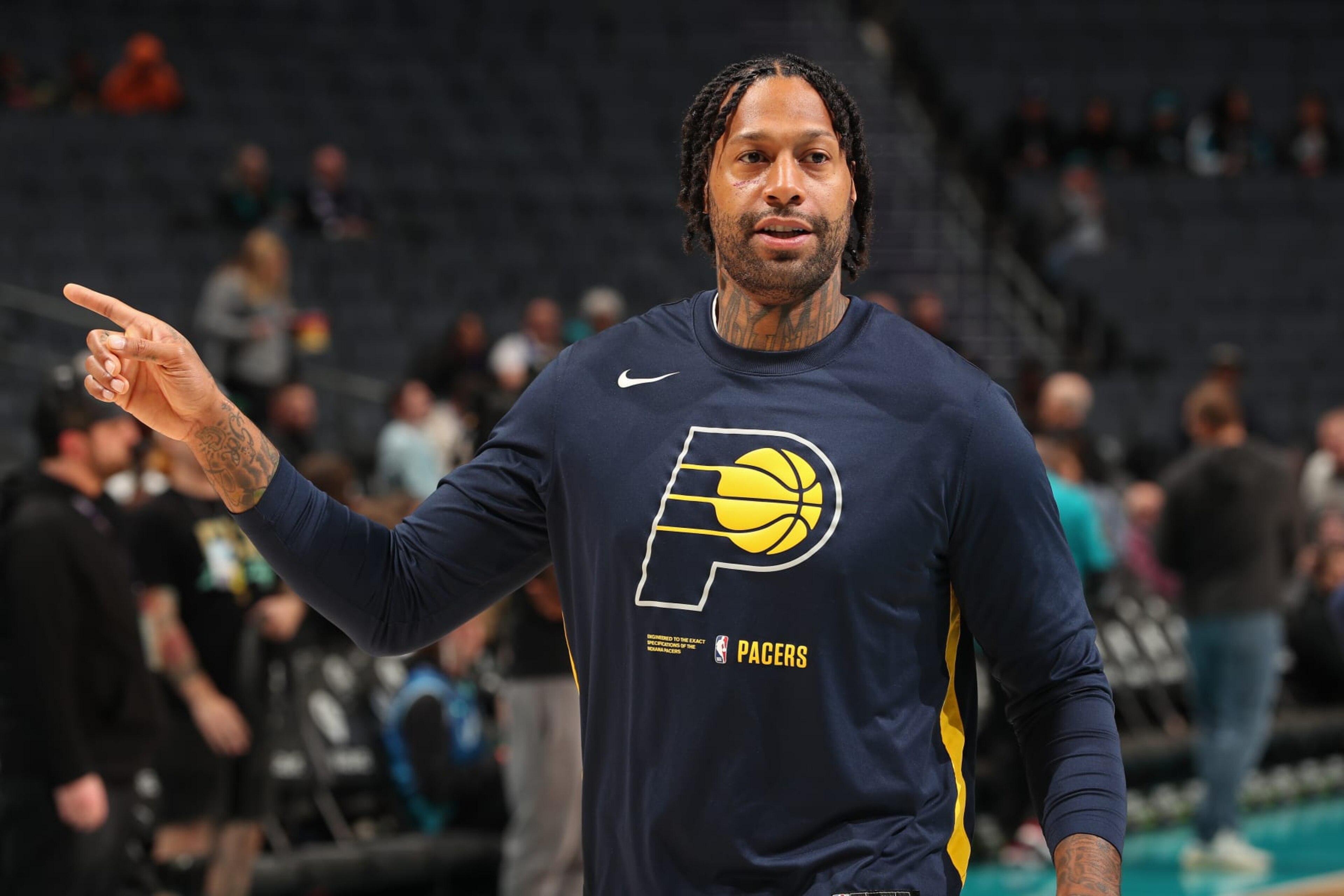 CHARLOTTE, NC - MARCH 20: James Johnson #16 of the Indiana Pacers looks on before the game against the Charlotte Hornets on March 20, 2023 at Spectrum Center in Charlotte, North Carolina. NOTE TO USER: User expressly acknowledges and agrees that, by downloading and or using this photograph, User is consenting to the terms and conditions of the Getty Images License Agreement. Mandatory Copyright Notice: Copyright 2023 NBAE (Photo by Kent Smith/NBAE via Getty Images) CHARLOTTE, NC - MARCH 20: James Johnson #16 of the Indiana Pacers looks on before the game against the Charlotte Hornets on March 20, 2023 at Spectrum Center in Charlotte, North Carolina. NOTE TO USER: User expressly acknowledges and agrees that, by downloading and or using this photograph, User is consenting to the terms and conditions of the Getty Images License Agreement. Mandatory Copyright Notice: Copyright 2023 NBAE (Photo by Kent Smith/NBAE via Getty Images)
