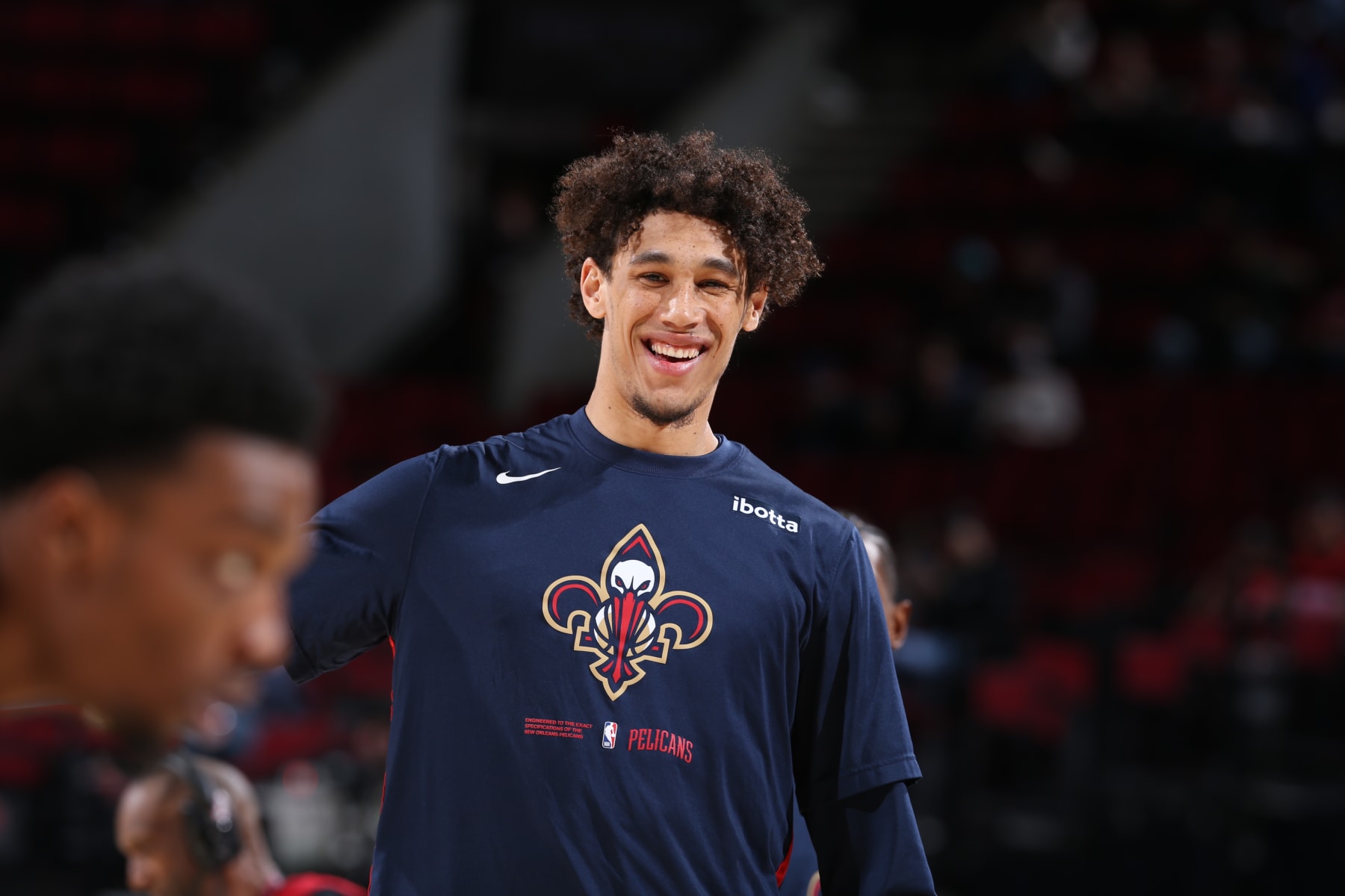 PORTLAND, OR - MARCH 27:  Jaxson Hayes #10 of the New Orleans Pelicans looks on before the game on March 27, 2023 at the Moda Center Arena in Portland, Oregon. NOTE TO USER: User expressly acknowledges and agrees that, by downloading and or using this photograph, user is consenting to the terms and conditions of the Getty Images License Agreement. Mandatory Copyright Notice: Copyright 2023 NBAE (Photo by Sam Forencich/NBAE via Getty Images)