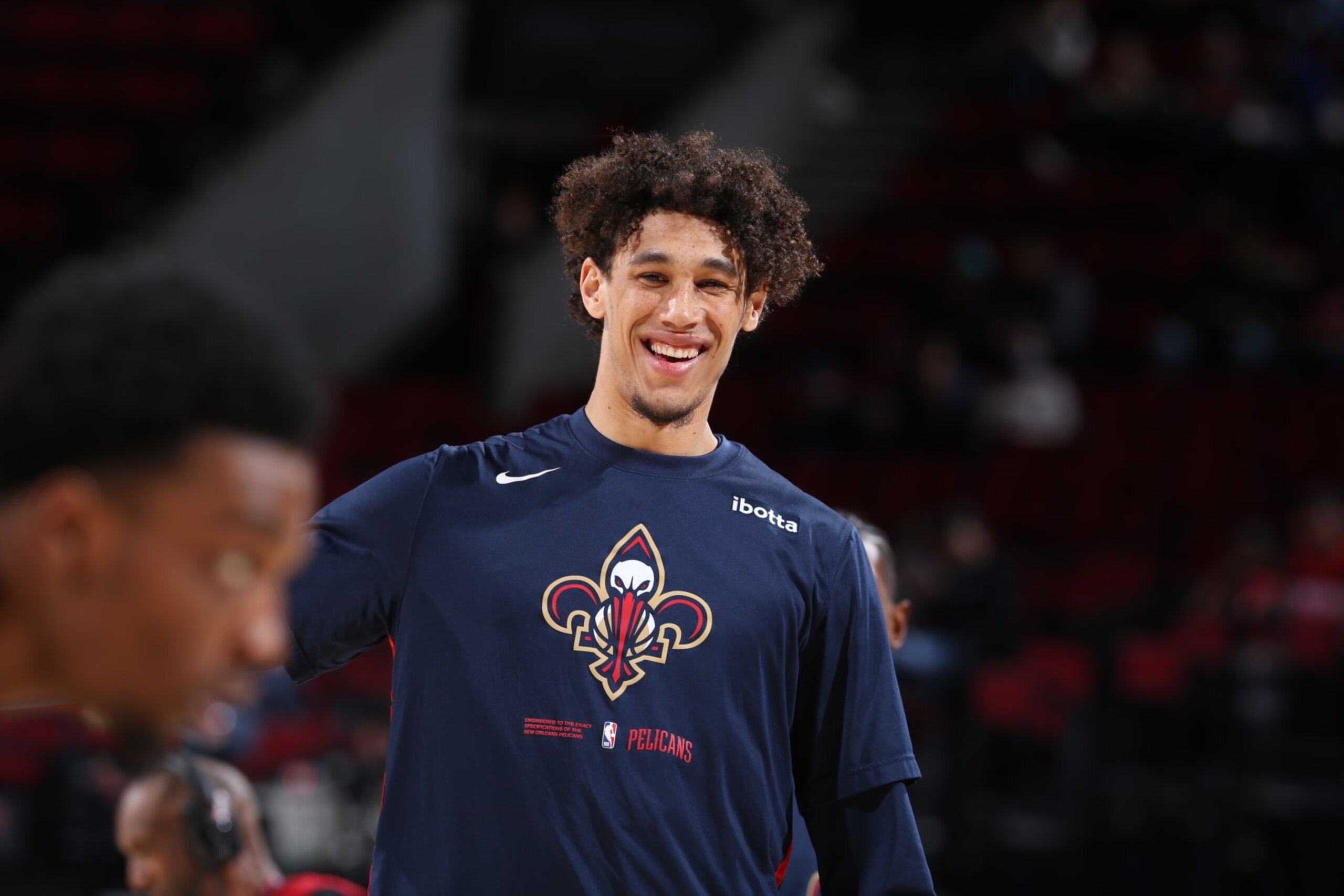 PORTLAND, OR - MARCH 27:  Jaxson Hayes #10 of the New Orleans Pelicans looks on before the game on March 27, 2023 at the Moda Center Arena in Portland, Oregon. NOTE TO USER: User expressly acknowledges and agrees that, by downloading and or using this photograph, user is consenting to the terms and conditions of the Getty Images License Agreement. Mandatory Copyright Notice: Copyright 2023 NBAE (Photo by Sam Forencich/NBAE via Getty Images)