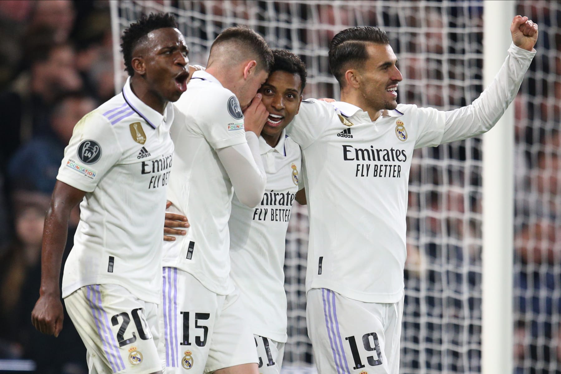 LONDON, ENGLAND - APRIL 18: Vinicius Junior, Federico Valverde, Rodrygo and Dani Ceballos celebrate 2nd goal during the UEFA Champions League Quarterfinal Second Leg match between Chelsea FC and Real Madrid at Stamford Bridge on April 18, 2023 in London, England. (Photo by Nigel French/Sportsphoto/Allstar via Getty Images)