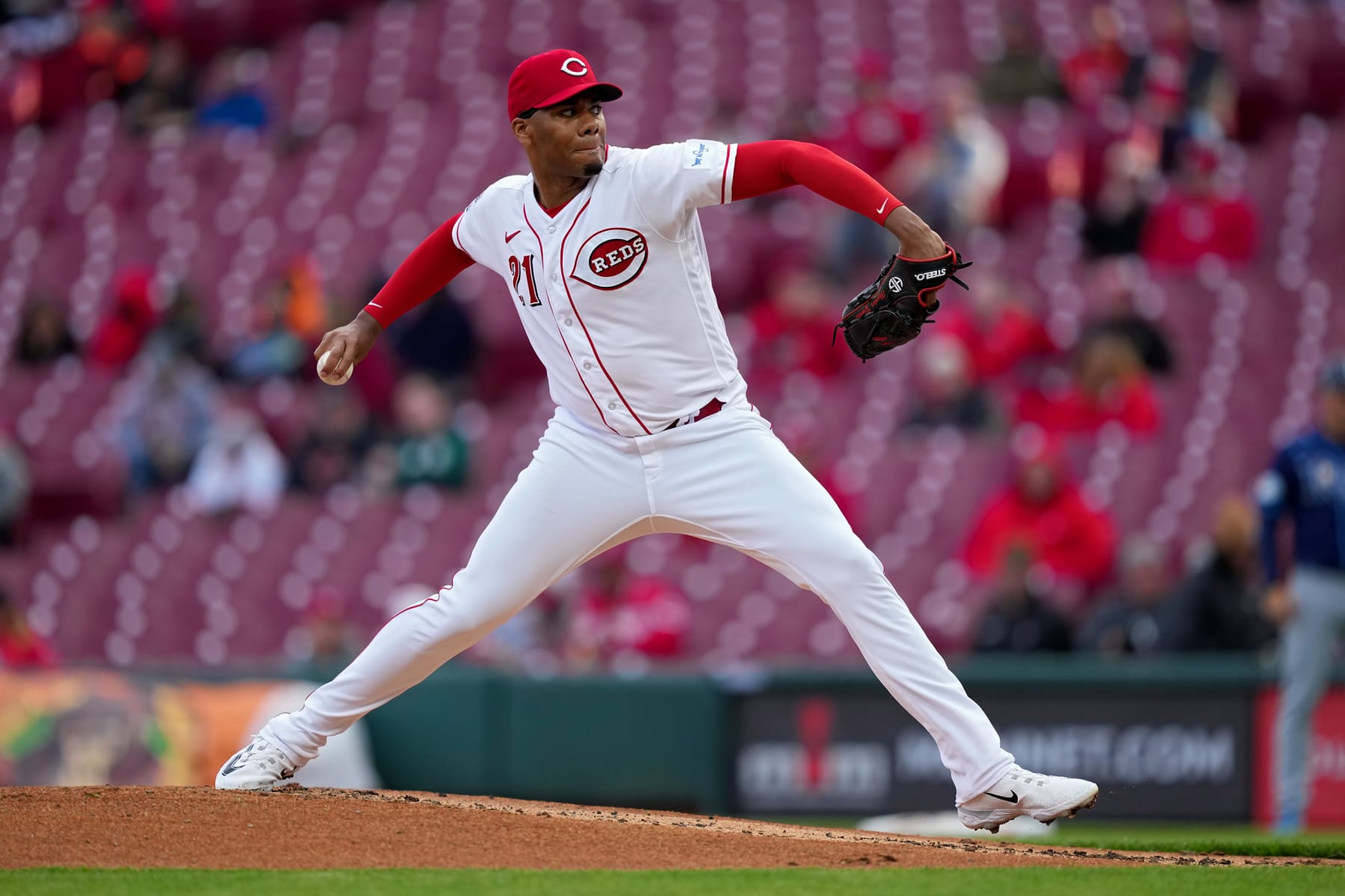 CINCINNATI, OHIO - APRIL 17: Hunter Greene #21 of the Cincinnati Reds pitches in the second inning against the Tampa Bay Rays at Great American Ball Park on April 17, 2023 in Cincinnati, Ohio. (Photo by Dylan Buell/Getty Images)
