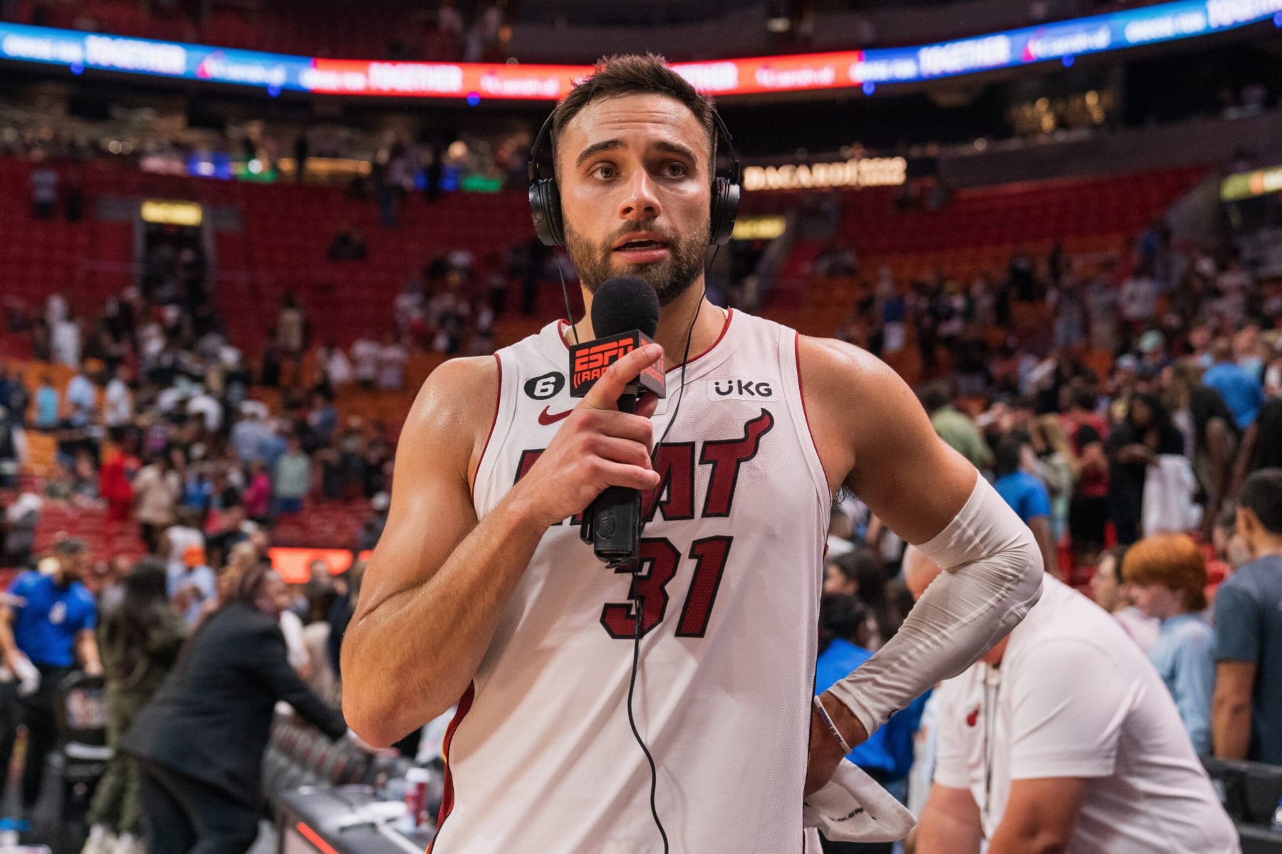 MIAMI, FL - APRIL 14: Max Strus #31 of the Miami Heat is interviewed after a win against the Chicago Bulls at Kaseya Center on April 14, 2023 in Miami, Florida.  NOTE TO USER: User expressly acknowledges and agrees that, by downloading and or using this Photograph, user is consenting to the terms and conditions of the Getty Images License Agreement. (Photo by Bryan Cereijo/Getty Images)