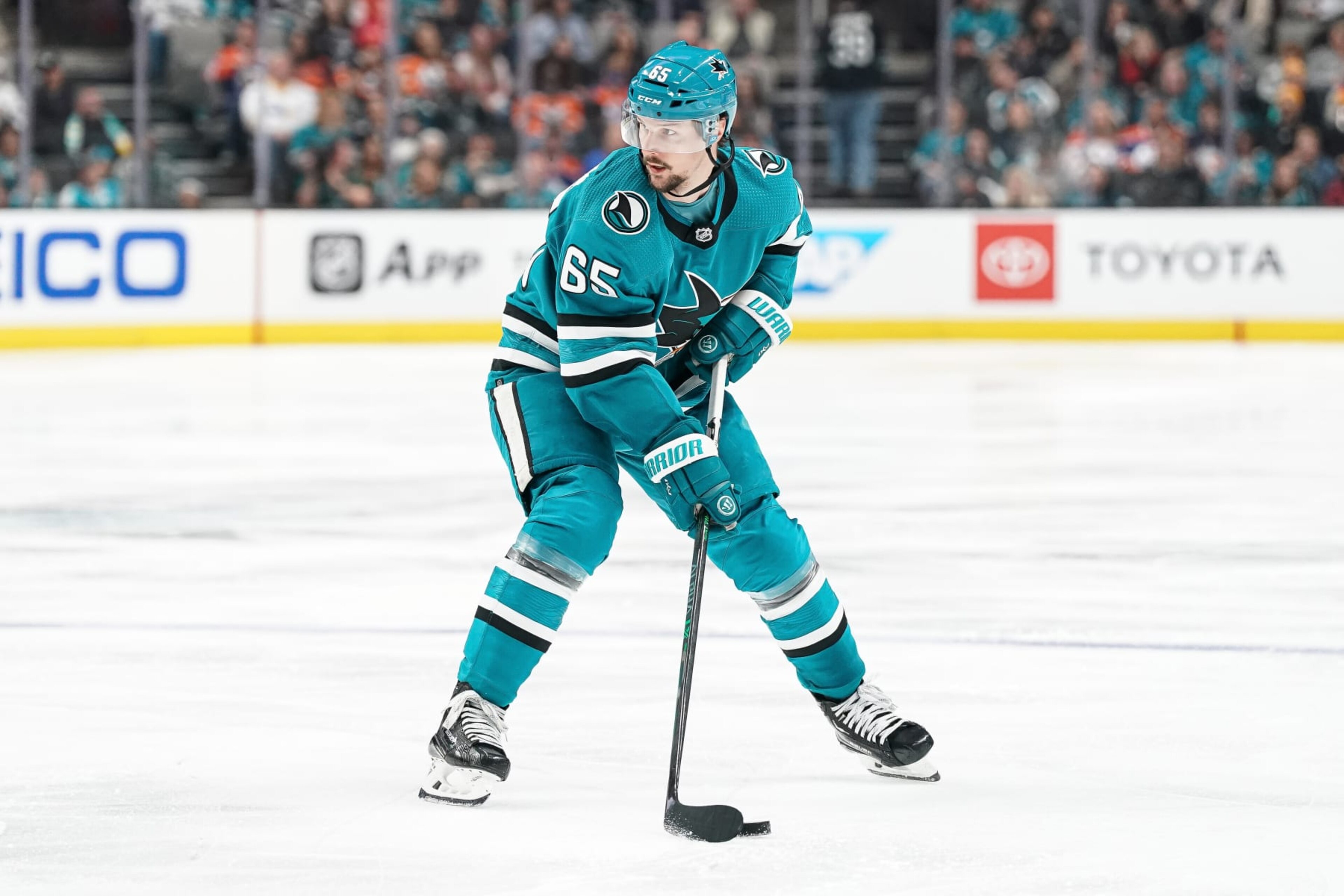 SAN JOSE, CA - APRIL 8: Erik Karlsson #65 of the San Jose Sharks skates with the puck in the third period against the Edmonton Oilers at SAP Center on April 8, 2023 in San Jose, California. (Photo by Kavin Mistry/NHLI via Getty Images)