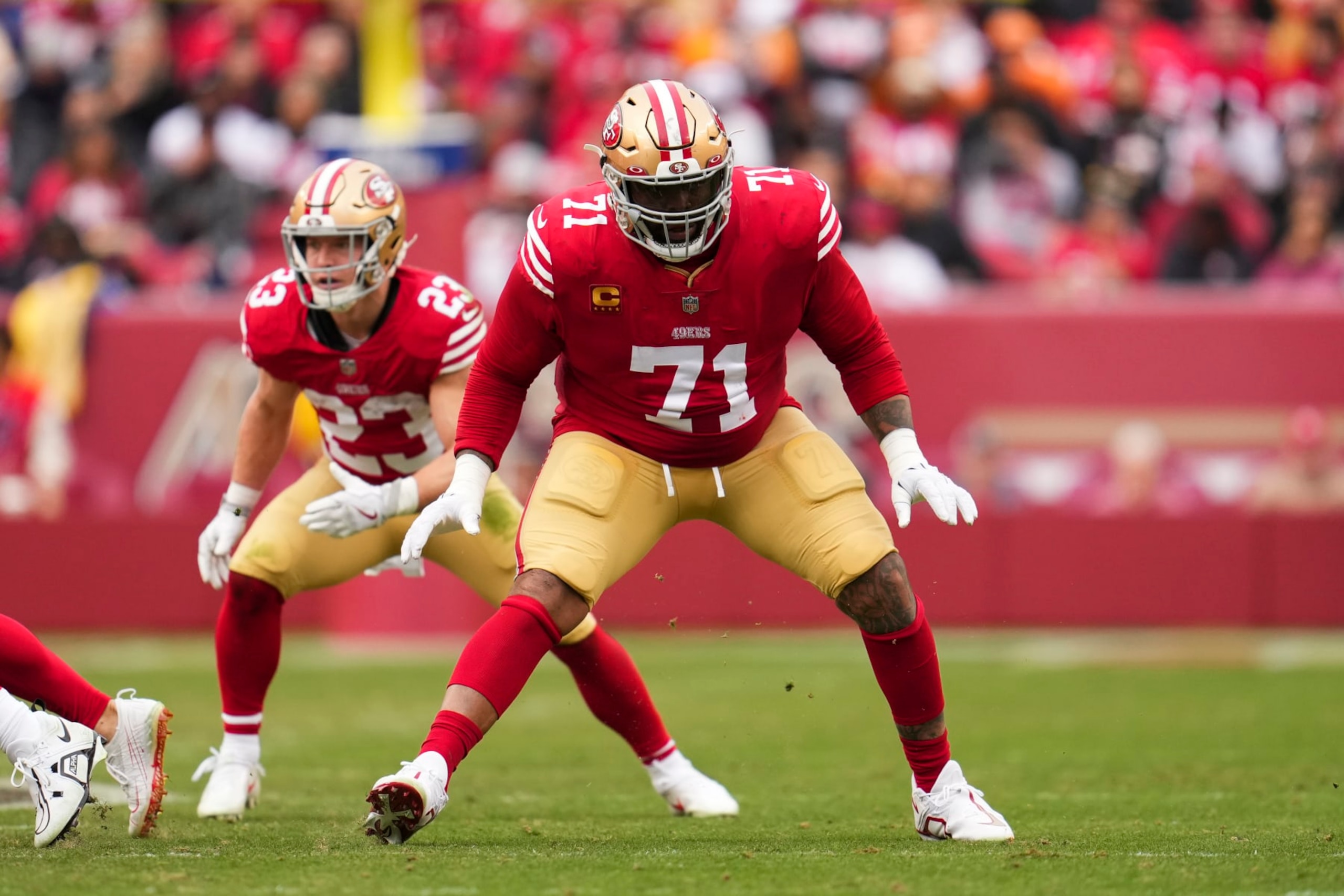 SANTA CLARA, CA - DECEMBER 11: Trent Williams #71 of the San Francisco 49ers defends against the Tampa Bay Buccaneers at Levi's Stadium on December 11, 2022 in Santa Clara, California. (Photo by Cooper Neill/Getty Images)