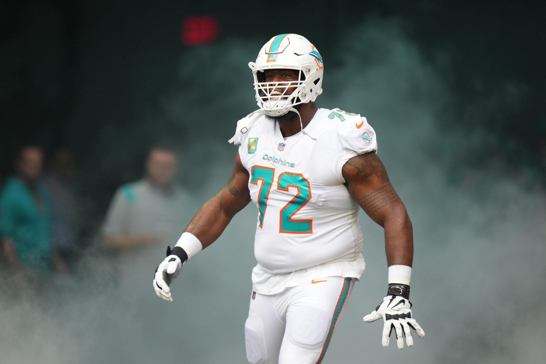 MIAMI GARDENS, FL - NOVEMBER 27: Miami Dolphins offensive tackle Terron Armstead (72) enters during pregame introductions before the game between the Houston Texans and the Miami Dolphins on Sunday, November 27, 2022 at Hard Rock Stadium in Miami Gardens, Fla. (Photo by Peter Joneleit/Icon Sportswire via Getty Images)