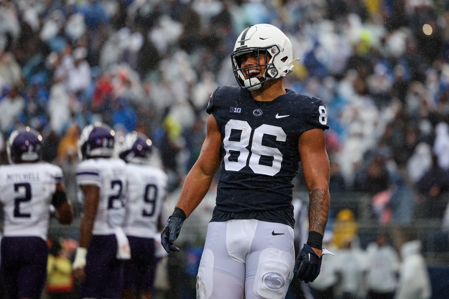 STATE COLLEGE, PA - OCTOBER 01: Brenton Strange #86 of the Penn State Nittany Lions celebrates after scoring a touchdown against the Northwestern Wildcats during the first half at Beaver Stadium on October 1, 2022 in State College, Pennsylvania. (Photo by Scott Taetsch/Getty Images)