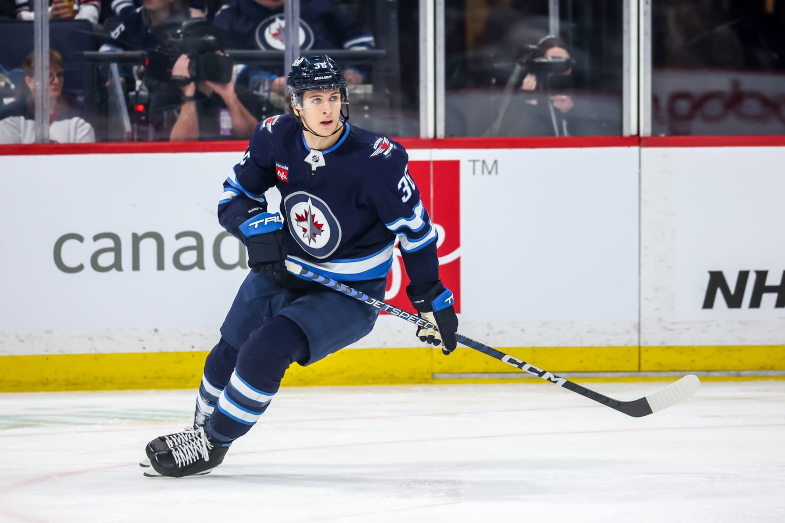 WINNIPEG, CANADA - APRIL 10: Morgan Barron #36 of the Winnipeg Jets looks on during second period action against the San Jose Sharks at the Canada Life Centre on April 10, 2023 in Winnipeg, Manitoba, Canada. (Photo by Jonathan Kozub/NHLI via Getty Images) WINNIPEG, CANADA - APRIL 10: Morgan Barron #36 of the Winnipeg Jets looks on during second period action against the San Jose Sharks at the Canada Life Centre on April 10, 2023 in Winnipeg, Manitoba, Canada. (Photo by Jonathan Kozub/NHLI via Getty Images)