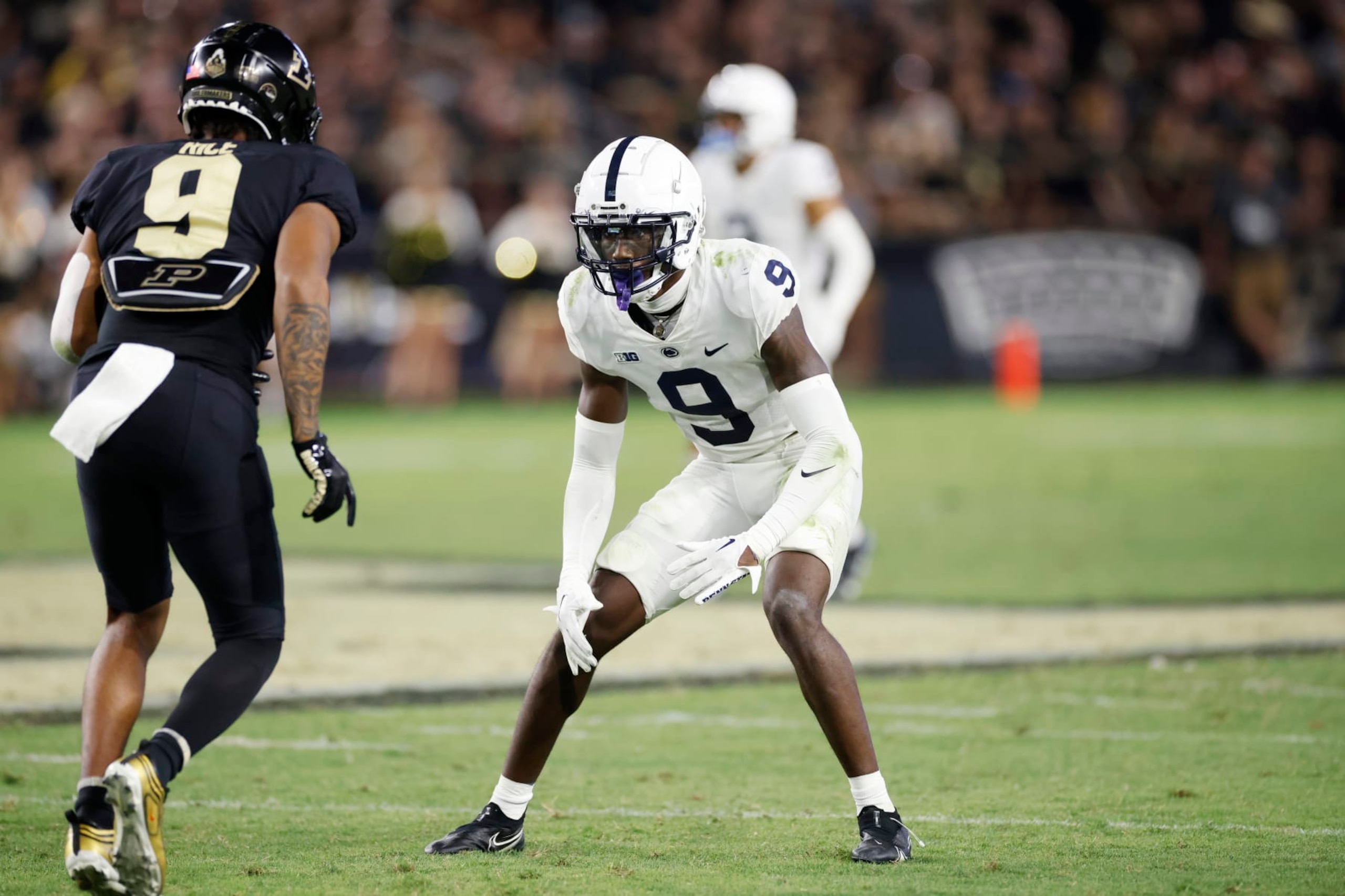 WEST LAFAYETTE, IN - SEPTEMBER 01: Penn State Nittany Lions cornerback Joey Porter Jr. (9) lines up on defense during an NCAA football game against the Purdue Boilermakers on September 1, 2022 at Ross-Ade Stadium in West Lafayette, Indiana. (Photo by Joe Robbins/Icon Sportswire via Getty Images) WEST LAFAYETTE, IN - SEPTEMBER 01: Penn State Nittany Lions cornerback Joey Porter Jr. (9) lines up on defense during an NCAA football game against the Purdue Boilermakers on September 1, 2022 at Ross-Ade Stadium in West Lafayette, Indiana. (Photo by Joe Robbins/Icon Sportswire via Getty Images)