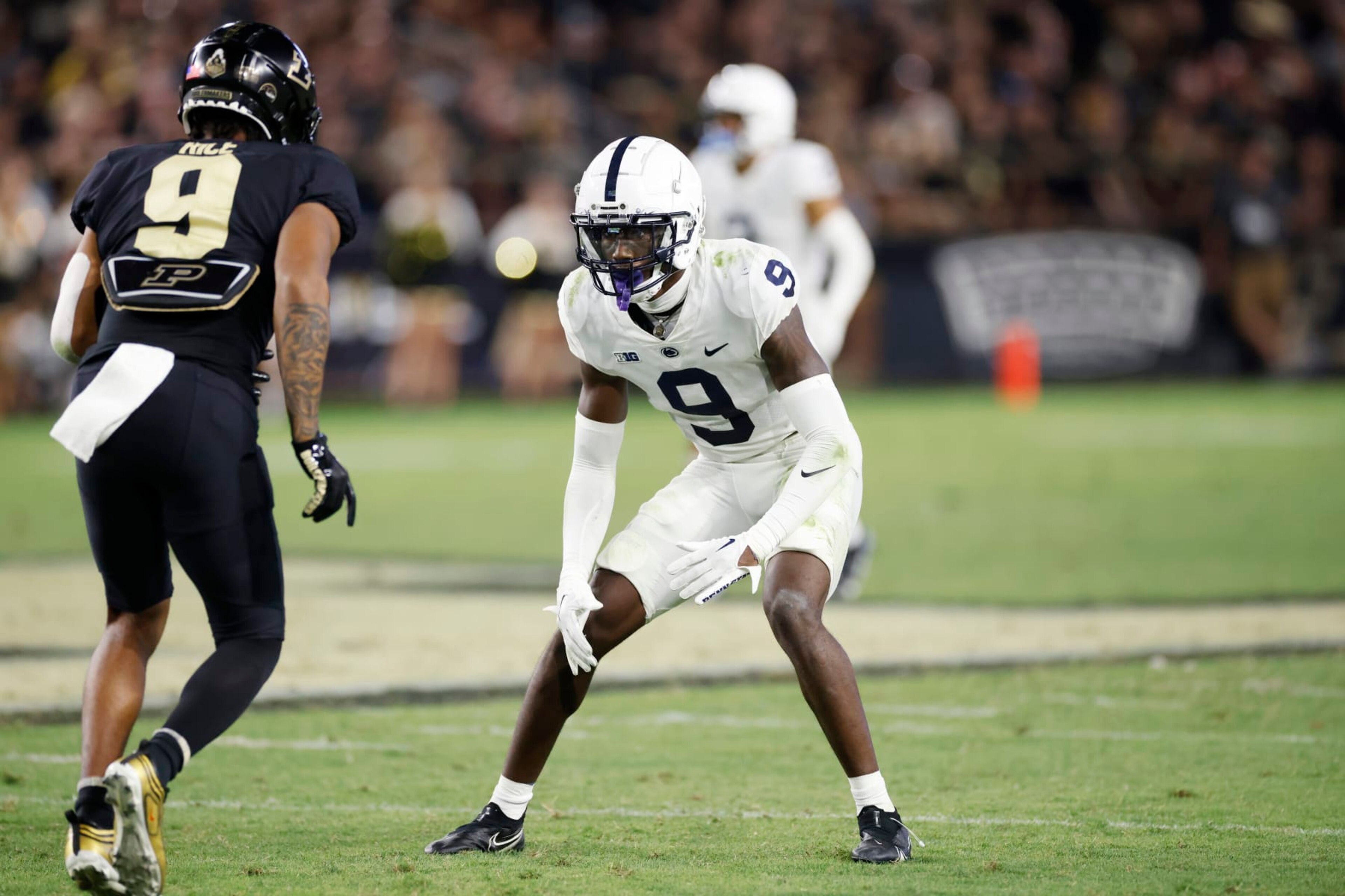 WEST LAFAYETTE, IN - SEPTEMBER 01: Penn State Nittany Lions cornerback Joey Porter Jr. (9) lines up on defense during an NCAA football game against the Purdue Boilermakers on September 1, 2022 at Ross-Ade Stadium in West Lafayette, Indiana. (Photo by Joe Robbins/Icon Sportswire via Getty Images) WEST LAFAYETTE, IN - SEPTEMBER 01: Penn State Nittany Lions cornerback Joey Porter Jr. (9) lines up on defense during an NCAA football game against the Purdue Boilermakers on September 1, 2022 at Ross-Ade Stadium in West Lafayette, Indiana. (Photo by Joe Robbins/Icon Sportswire via Getty Images)