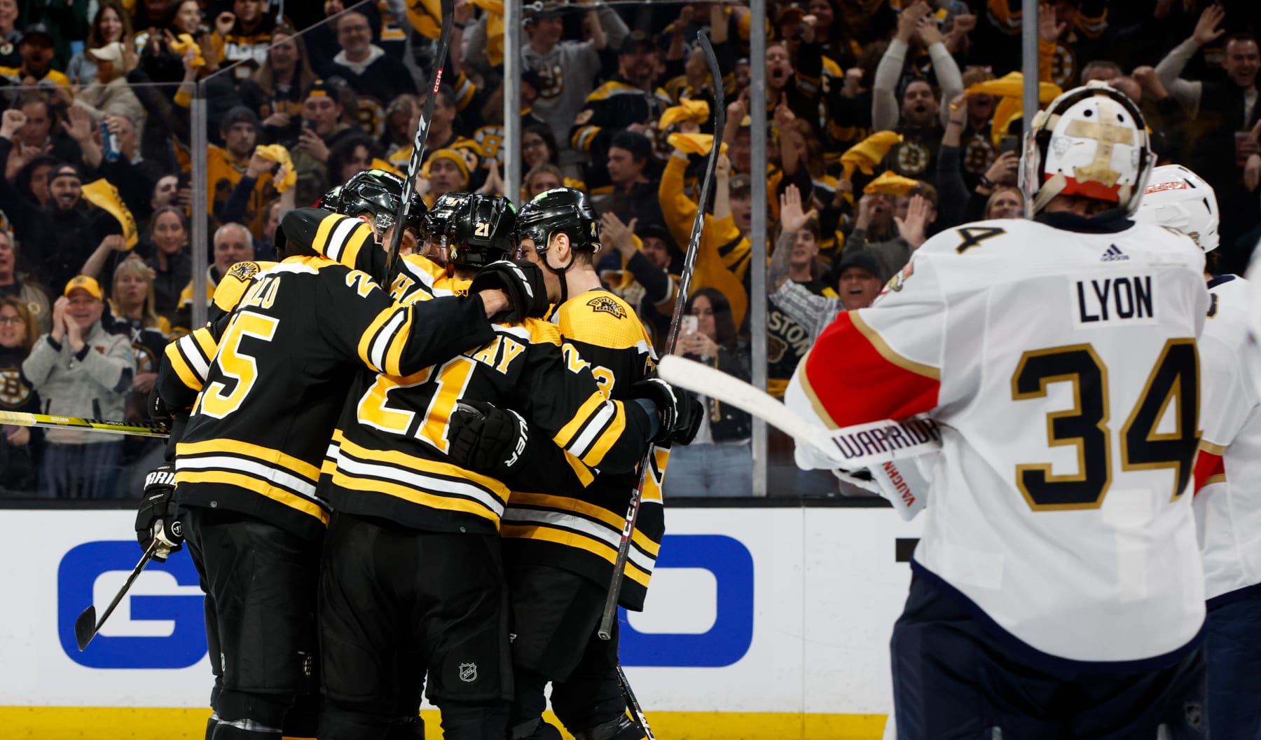 BOSTON, MASSACHUSETTS - APRIL 17: Garnet Hathaway #21 of the Boston Bruins celebrates his goal (which was eventually overturned after a video review) against Alex Lyon #34 of the Florida Panthers with his teammates during the third period of Game One of the First Round of the 2023 Stanley Cup Playoffs at the TD Garden on April 17, 2023 in Boston, Massachusetts. The Bruins won 3-1. (Photo by Richard T Gagnon/Getty Images)