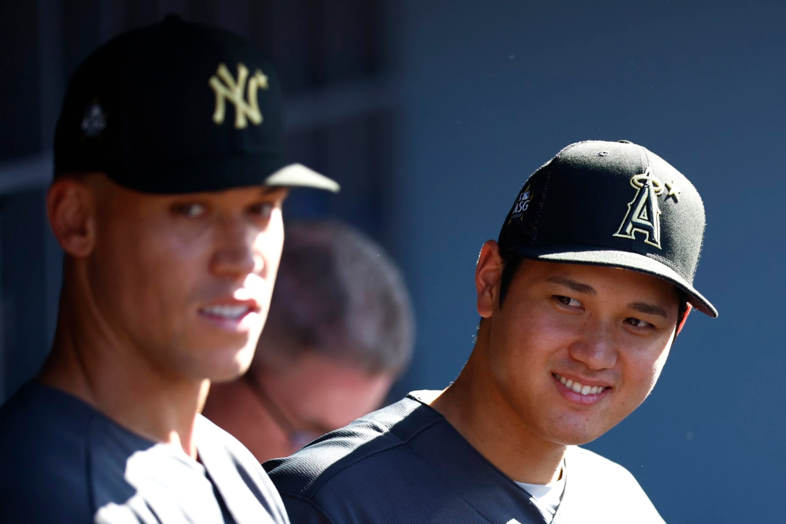 LOS ANGELES, CALIFORNIA - JULY 19: Aaron Judge #99 of the New York Yankees and Shohei Ohtani #17 of the Los Angeles Angels look on from the dugout before the 92nd MLB All-Star Game presented by Mastercard at Dodger Stadium on July 19, 2022 in Los Angeles, California. (Photo by Ronald Martinez/Getty Images) LOS ANGELES, CALIFORNIA - JULY 19: Aaron Judge #99 of the New York Yankees and Shohei Ohtani #17 of the Los Angeles Angels look on from the dugout before the 92nd MLB All-Star Game presented by Mastercard at Dodger Stadium on July 19, 2022 in Los Angeles, California. (Photo by Ronald Martinez/Getty Images)