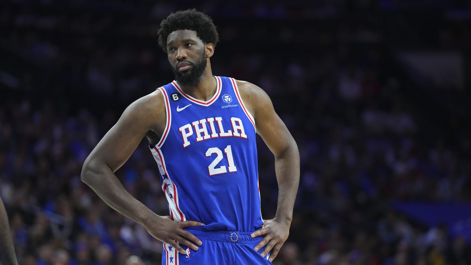 PHILADELPHIA, PA - APRIL 17: Joel Embiid #21 of the Philadelphia 76ers looks on against the Brooklyn Nets during Game Two of the Eastern Conference First Round Playoffs at the Wells Fargo Center on April 17, 2023 in Philadelphia, Pennsylvania. NOTE TO USER: User expressly acknowledges and agrees that, by downloading and or using this photograph, User is consenting to the terms and conditions of the Getty Images License Agreement. (Photo by Mitchell Leff/Getty Images)