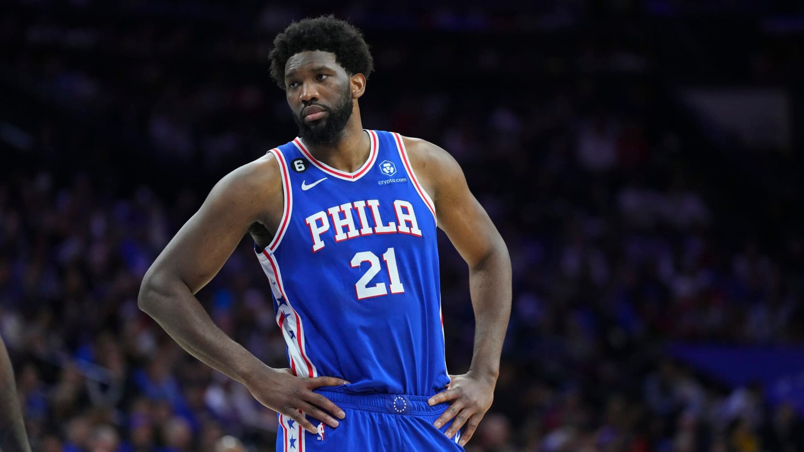 PHILADELPHIA, PA - APRIL 17: Joel Embiid #21 of the Philadelphia 76ers looks on against the Brooklyn Nets during Game Two of the Eastern Conference First Round Playoffs at the Wells Fargo Center on April 17, 2023 in Philadelphia, Pennsylvania. NOTE TO USER: User expressly acknowledges and agrees that, by downloading and or using this photograph, User is consenting to the terms and conditions of the Getty Images License Agreement. (Photo by Mitchell Leff/Getty Images)