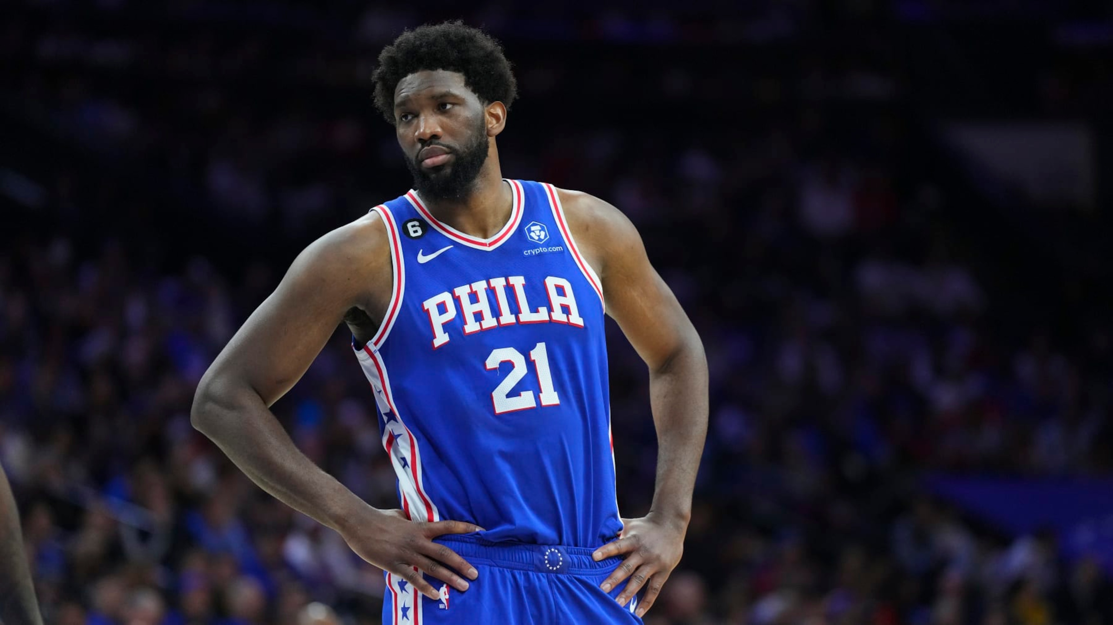 PHILADELPHIA, PA - APRIL 17: Joel Embiid #21 of the Philadelphia 76ers looks on against the Brooklyn Nets during Game Two of the Eastern Conference First Round Playoffs at the Wells Fargo Center on April 17, 2023 in Philadelphia, Pennsylvania. NOTE TO USER: User expressly acknowledges and agrees that, by downloading and or using this photograph, User is consenting to the terms and conditions of the Getty Images License Agreement. (Photo by Mitchell Leff/Getty Images)