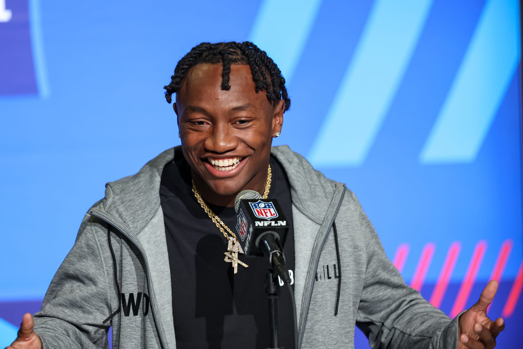 INDIANAPOLIS, IN - MARCH 03: Wide out Zay Flowers of Boston College speaks to the media during the NFL Combine at Lucas Oil Stadium on March 3, 2023 in Indianapolis, Indiana. (Photo by Michael Hickey/Getty Images)