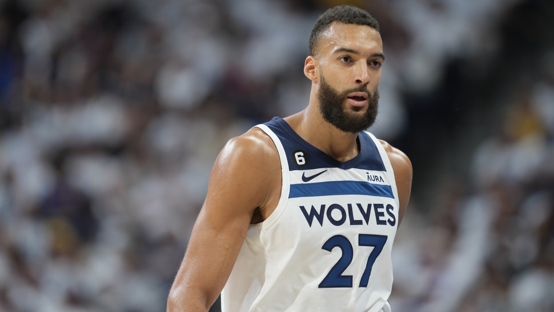 Minnesota Timberwolves center Rudy Gobert (27) in the second half of Game 1 of an NBA basketball first-round playoff series Sunday, April 16 2023, in Denver. (AP Photo/David Zalubowski)