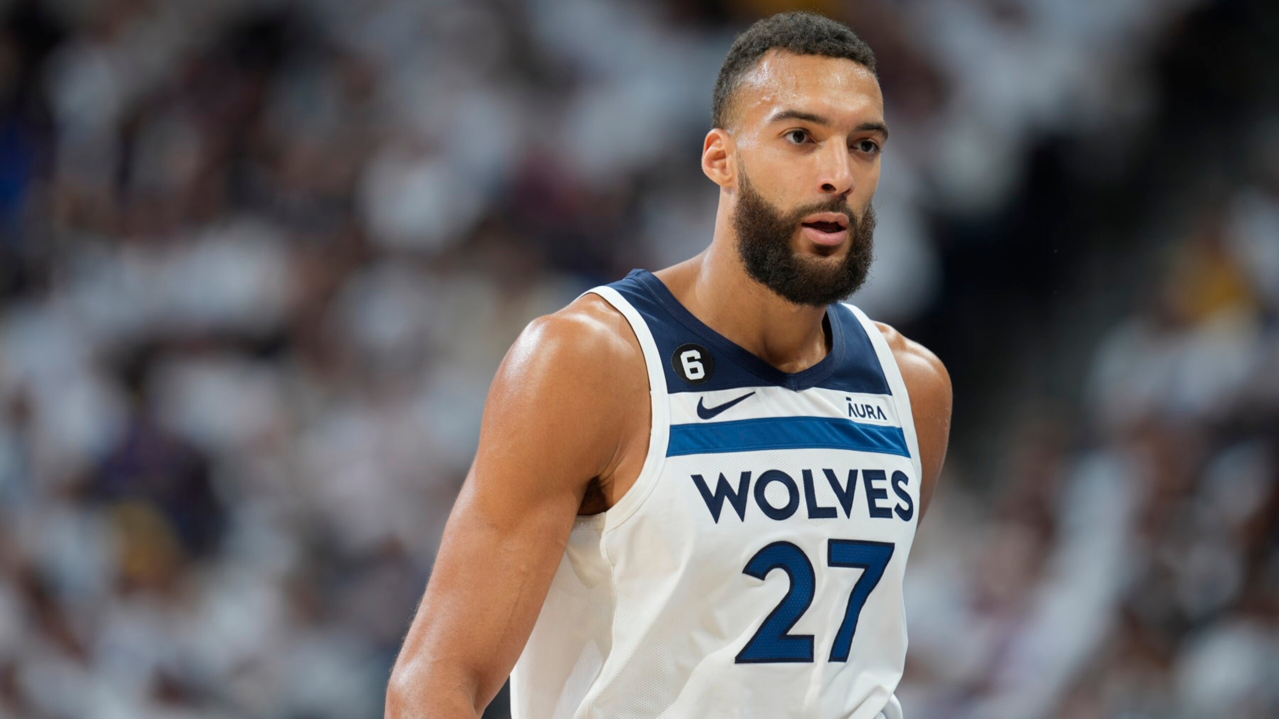 Minnesota Timberwolves center Rudy Gobert (27) in the second half of Game 1 of an NBA basketball first-round playoff series Sunday, April 16 2023, in Denver. (AP Photo/David Zalubowski)