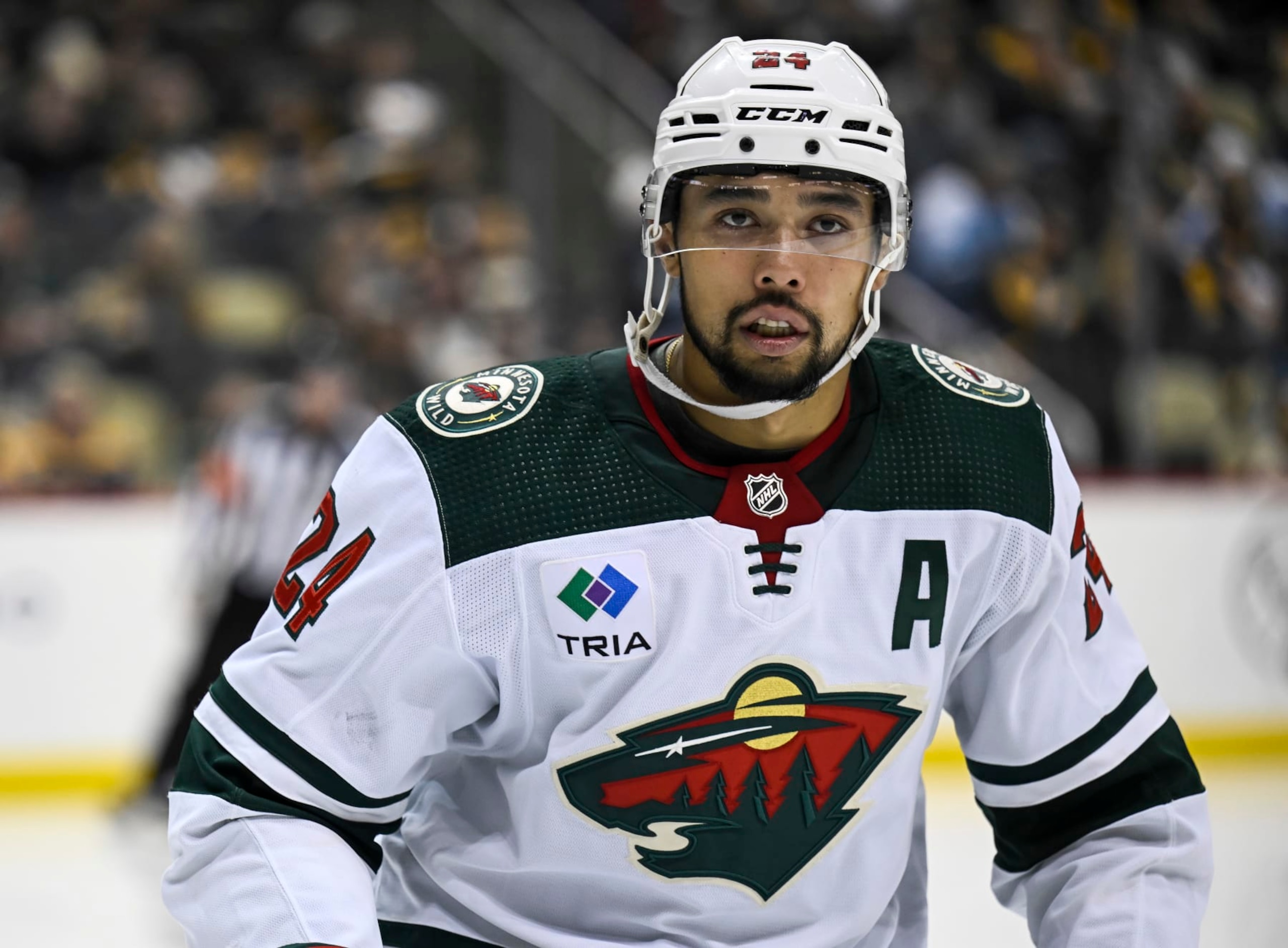 PITTSBURGH, PA - APRIL 06: Minnesota Wild Defenseman Matt Dumba (24) looks on during the third period in the NHL game between the Pittsburgh Penguins and the Minnesota Wild on April 6, 2023, at PPG Paints Arena in Pittsburgh, PA. (Photo by Jeanine Leech/Icon Sportswire via Getty Images) PITTSBURGH, PA - APRIL 06: Minnesota Wild Defenseman Matt Dumba (24) looks on during the third period in the NHL game between the Pittsburgh Penguins and the Minnesota Wild on April 6, 2023, at PPG Paints Arena in Pittsburgh, PA. (Photo by Jeanine Leech/Icon Sportswire via Getty Images)
