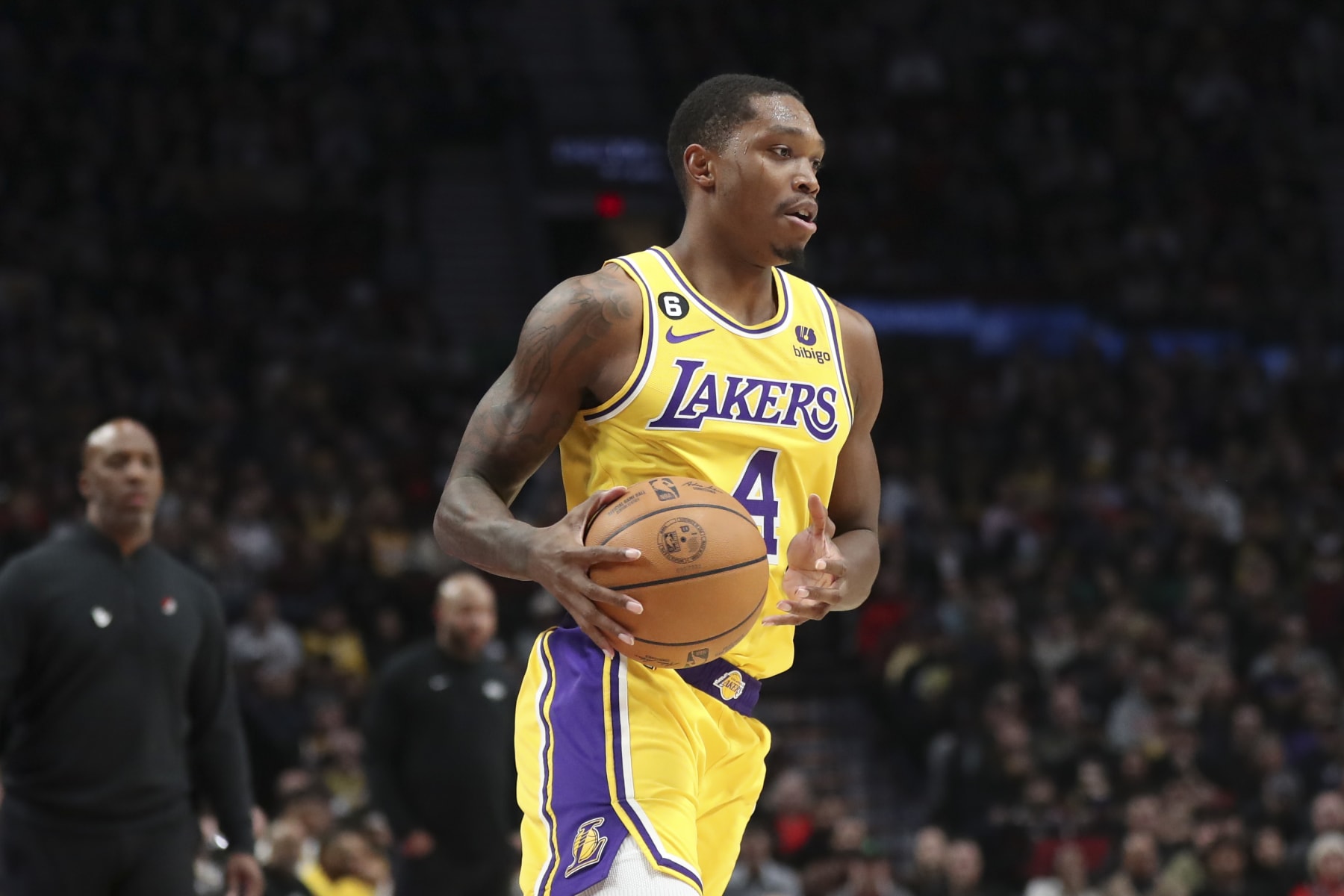 PORTLAND, OREGON - FEBRUARY 13: Lonnie Walker IV #4 of the Los Angeles Lakers plays against the Portland Trail Blazers during the second quarter at Moda Center on February 13, 2023 in Portland, Oregon. NOTE TO USER: User expressly acknowledges and agrees that, by downloading and or using this photograph, user is consenting to the terms and conditions of the Getty Images License Agreement. (Photo by Amanda Loman/Getty Images)