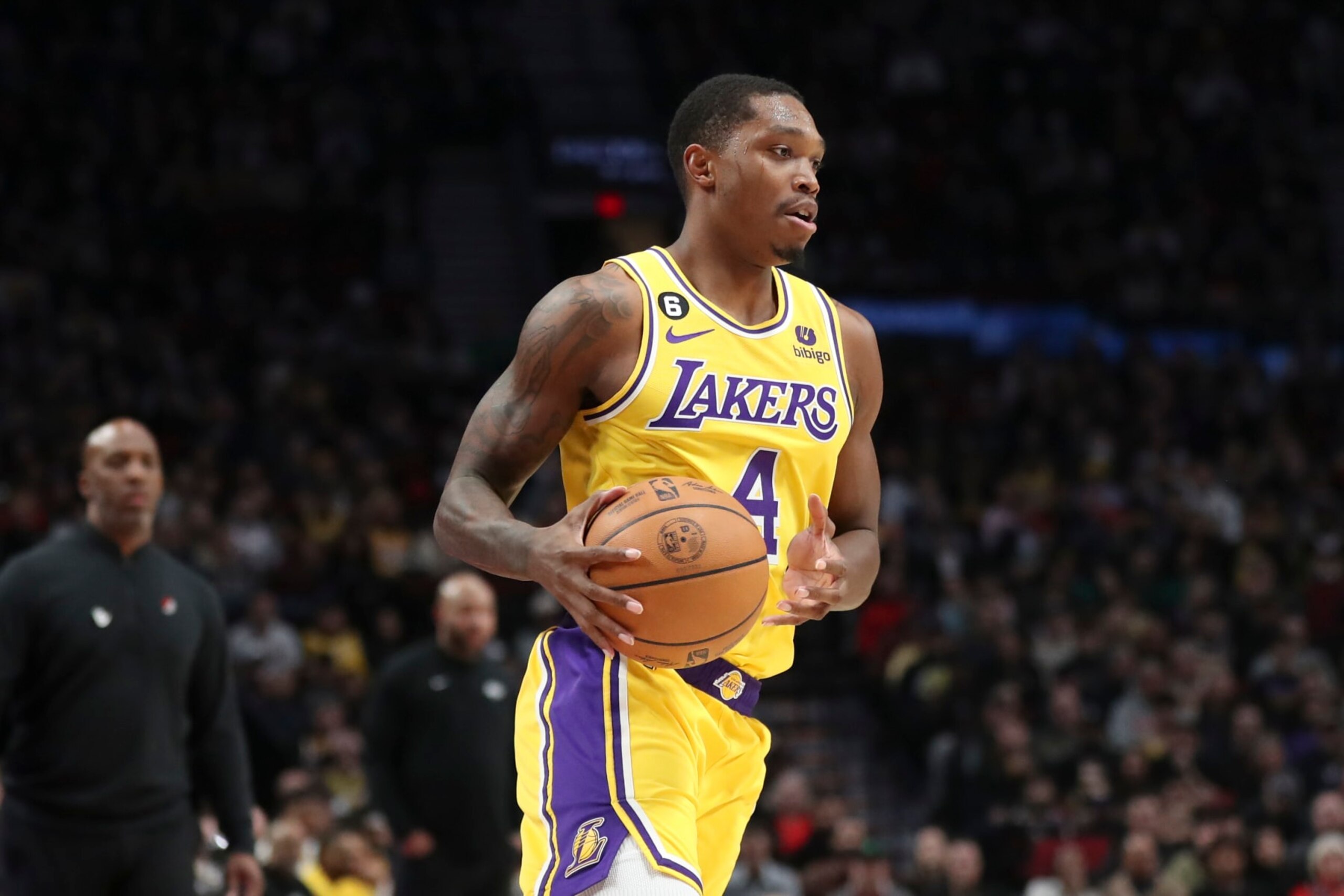 PORTLAND, OREGON - FEBRUARY 13: Lonnie Walker IV #4 of the Los Angeles Lakers plays against the Portland Trail Blazers during the second quarter at Moda Center on February 13, 2023 in Portland, Oregon. NOTE TO USER: User expressly acknowledges and agrees that, by downloading and or using this photograph, user is consenting to the terms and conditions of the Getty Images License Agreement. (Photo by Amanda Loman/Getty Images) PORTLAND, OREGON - FEBRUARY 13: Lonnie Walker IV #4 of the Los Angeles Lakers plays against the Portland Trail Blazers during the second quarter at Moda Center on February 13, 2023 in Portland, Oregon. NOTE TO USER: User expressly acknowledges and agrees that, by downloading and or using this photograph, user is consenting to the terms and conditions of the Getty Images License Agreement. (Photo by Amanda Loman/Getty Images)