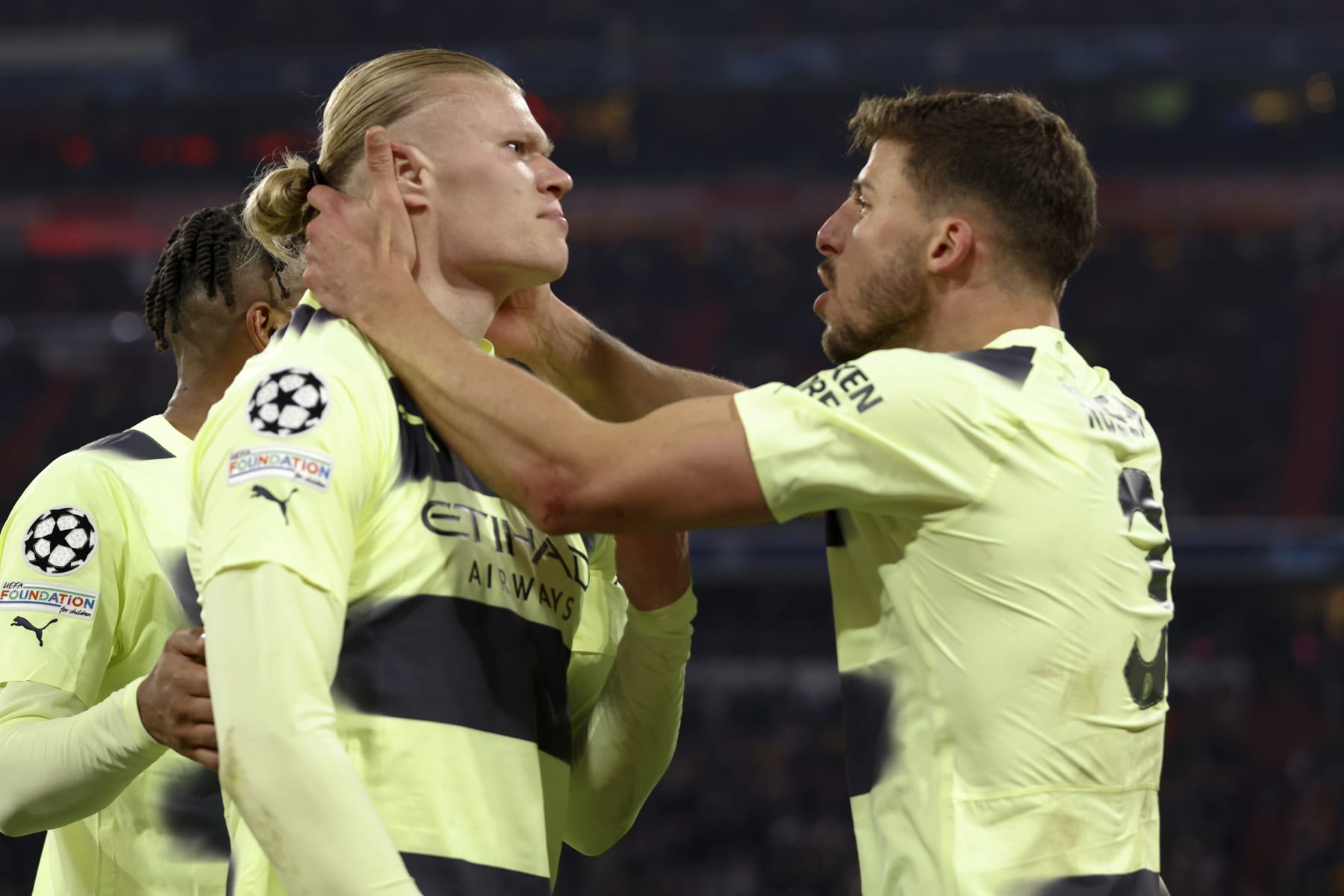 MUNICH, GERMANY - APRIL 19: Erling Haaland and Ruben Dias of Manchester City celebrate 1st goal during the UEFA Champions League Quarterfinal Second Leg match between FC Bayern Munich and Manchester City at Allianz Arena on April 19, 2023 in Munich, Germany. (Photo by Richard Sellers/Sportsphoto/Allstar via Getty Images)